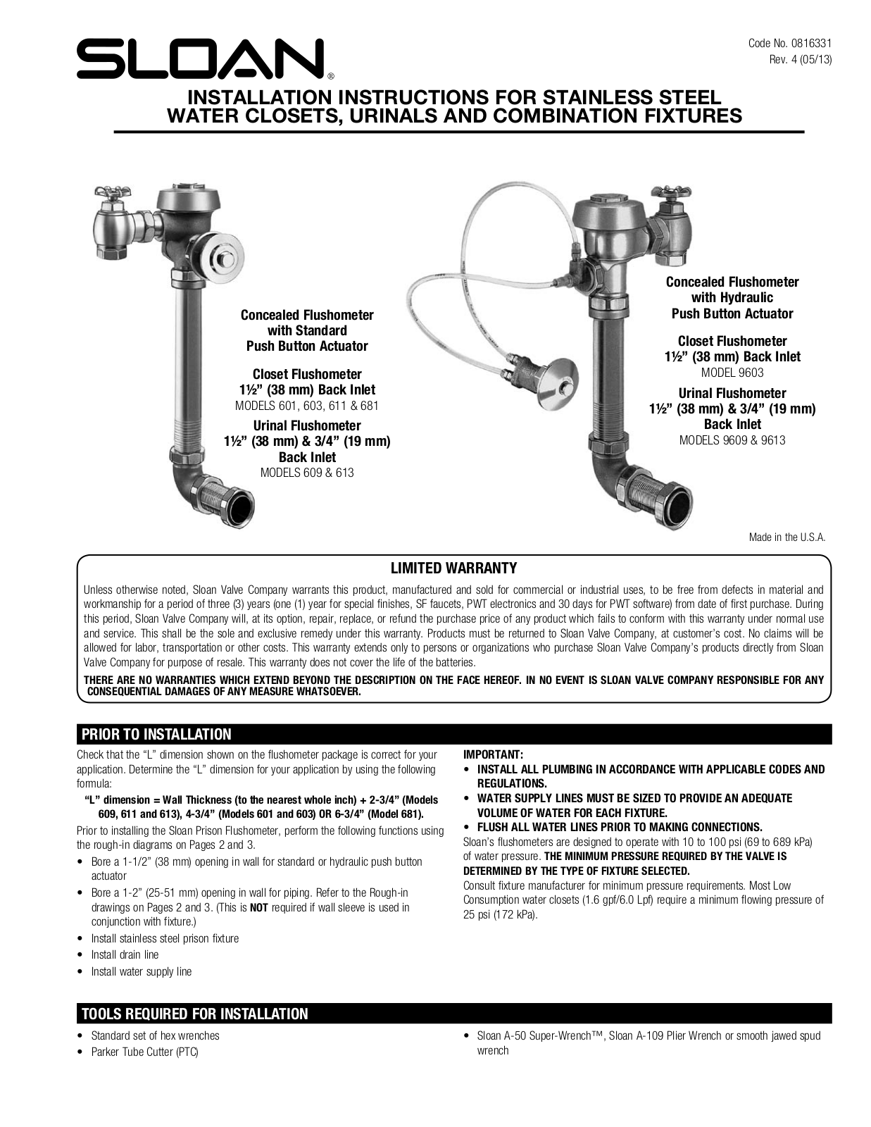 Crane  Merchandising Systems 609, 613, 9609, 9613 Installation  Manual