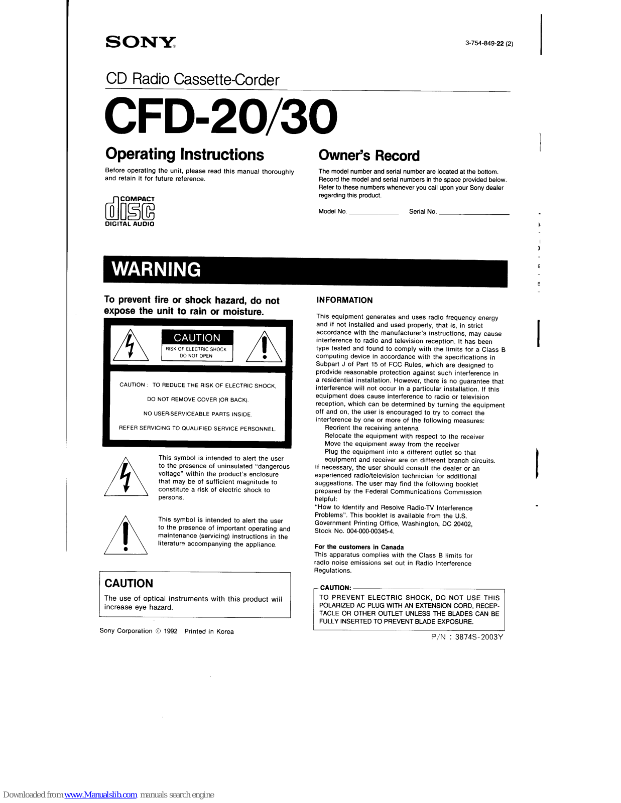 Sony CFD-30 Operating Instructions Manual - ManualMachine.com