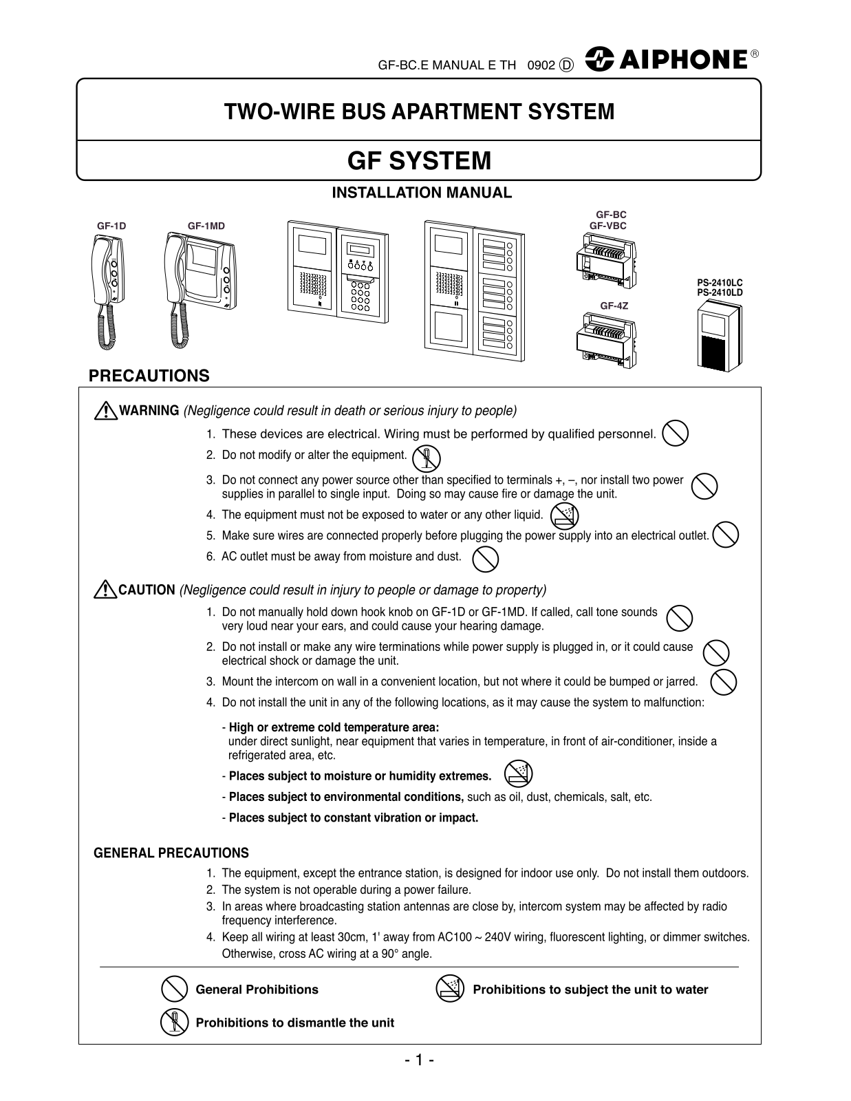 Aiphone GF-1MD, GF-VBC, GF-BC, GF-1D User Manual