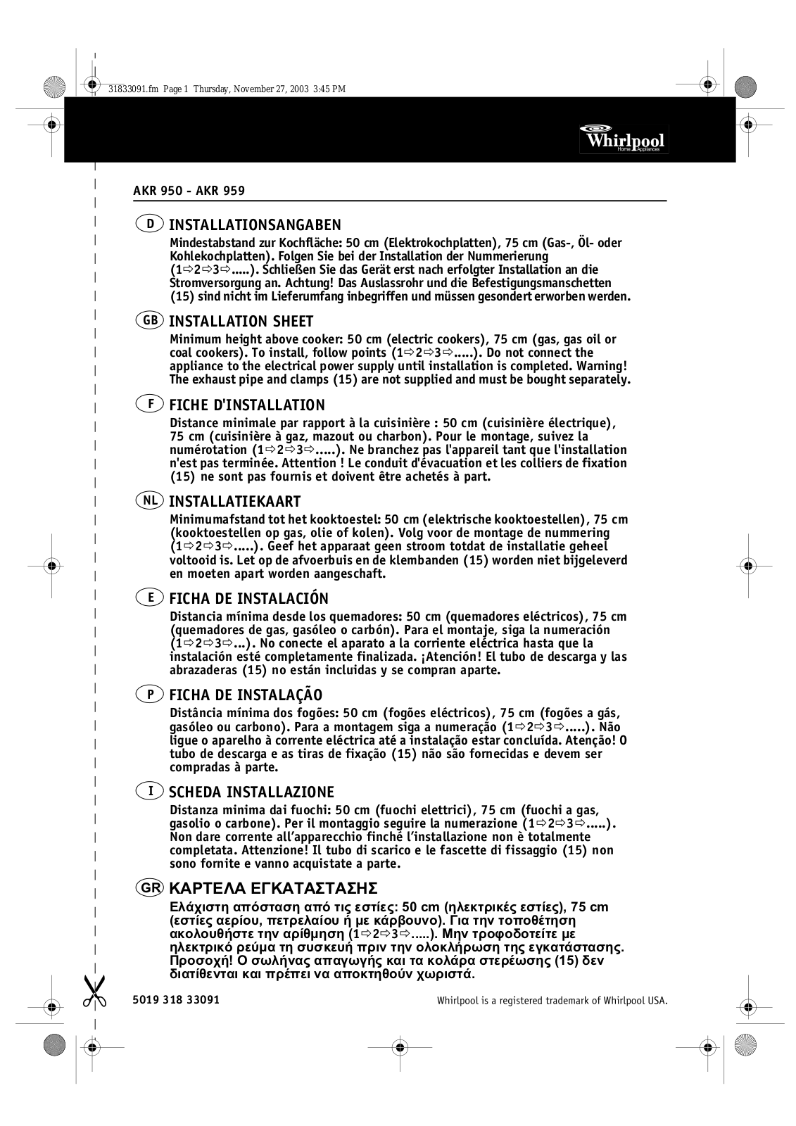 Whirlpool AKR 650 INSTALLATION SHEET