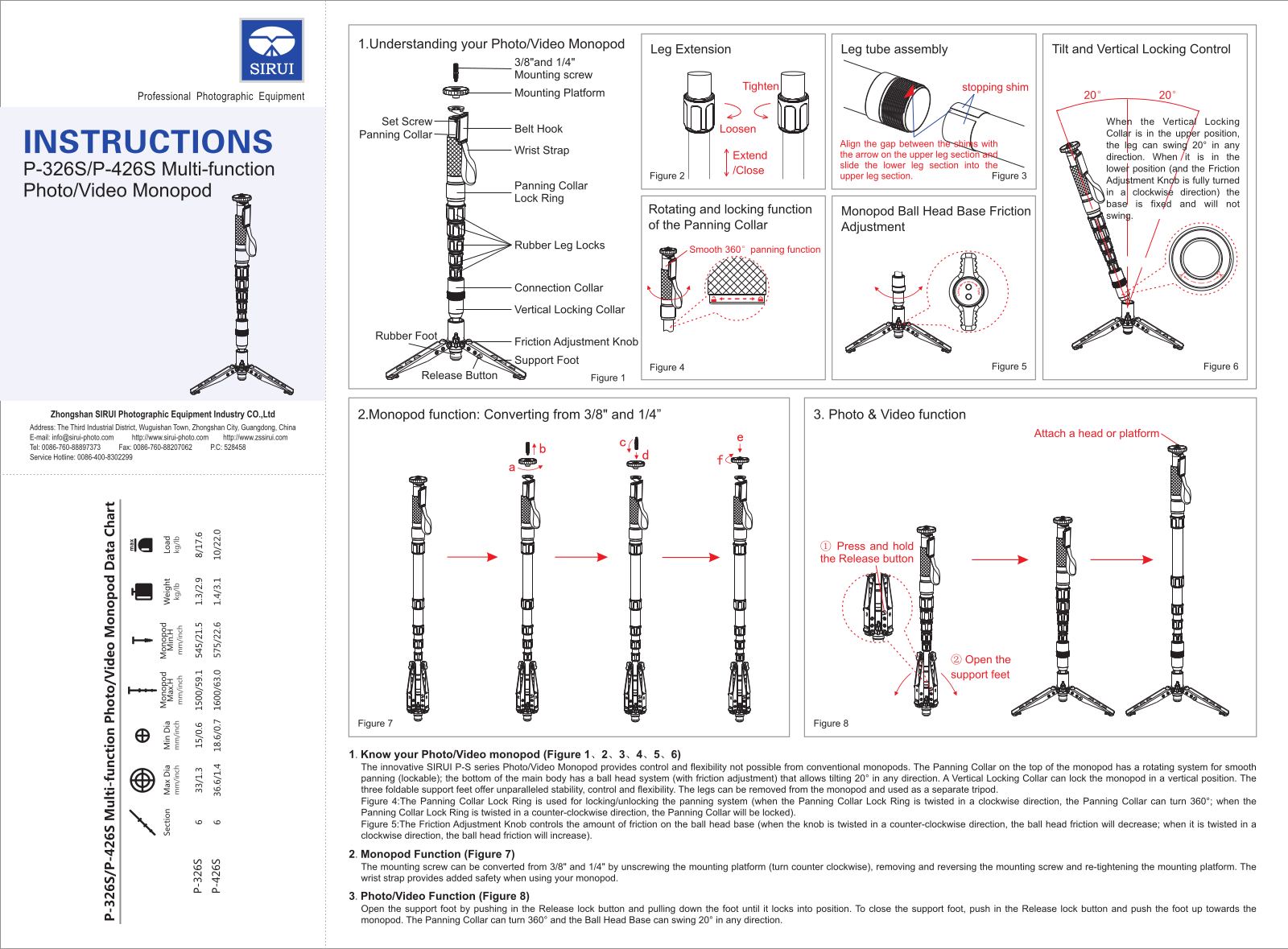 Sirui P-326S, P-426S User Manual