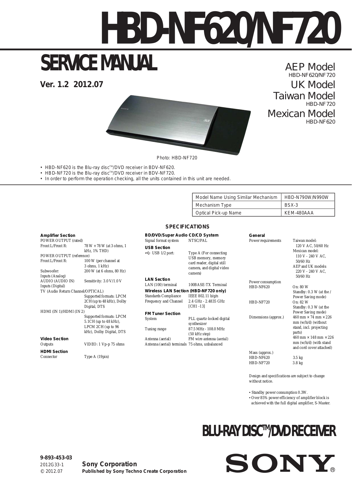 Sony HBD-NF620, HBD-NF720 Service Manual