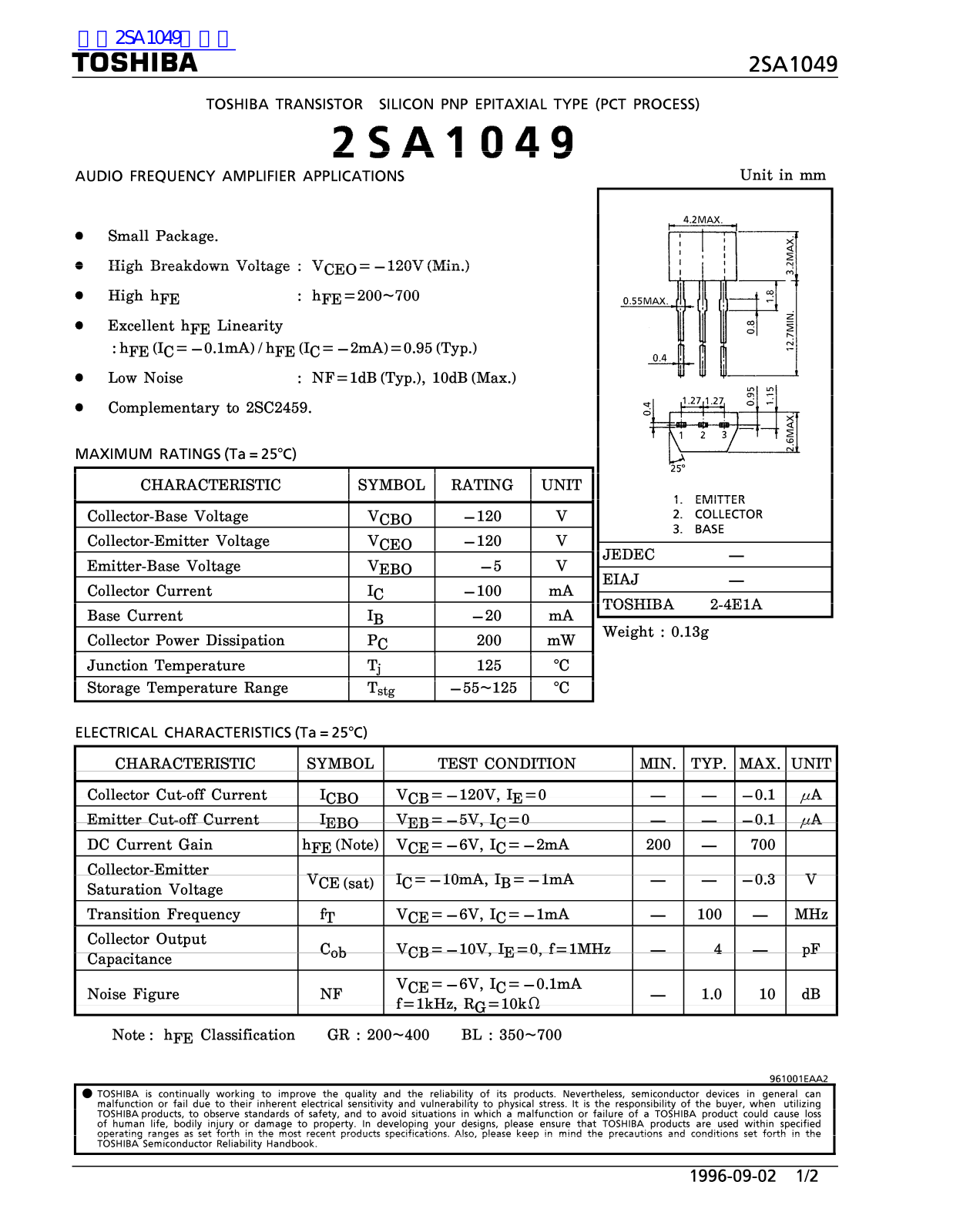 TOSHIBA 2SA1049 Service manual