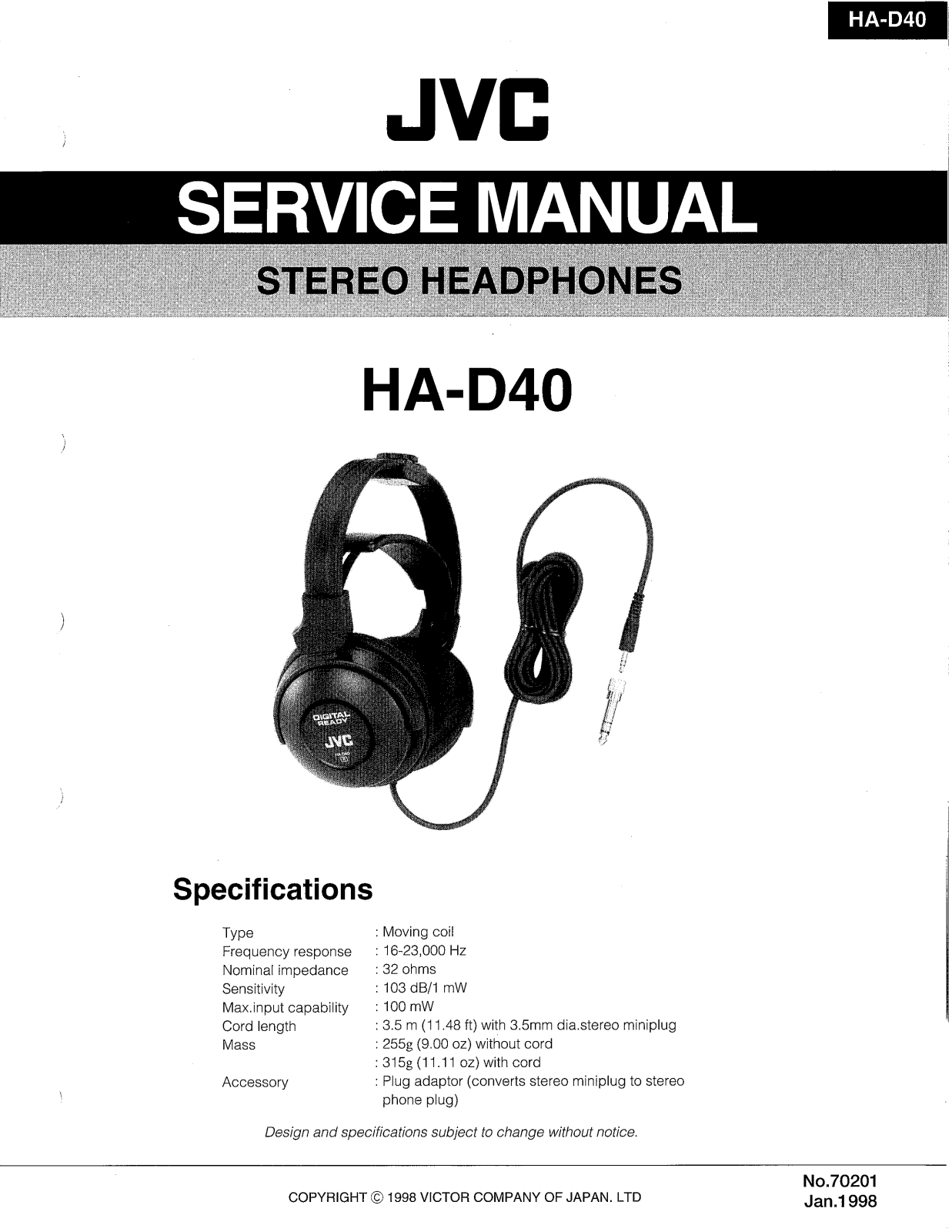 JVC HA-D40(E), HA-D40(J), HA-D40(K) Service Manual