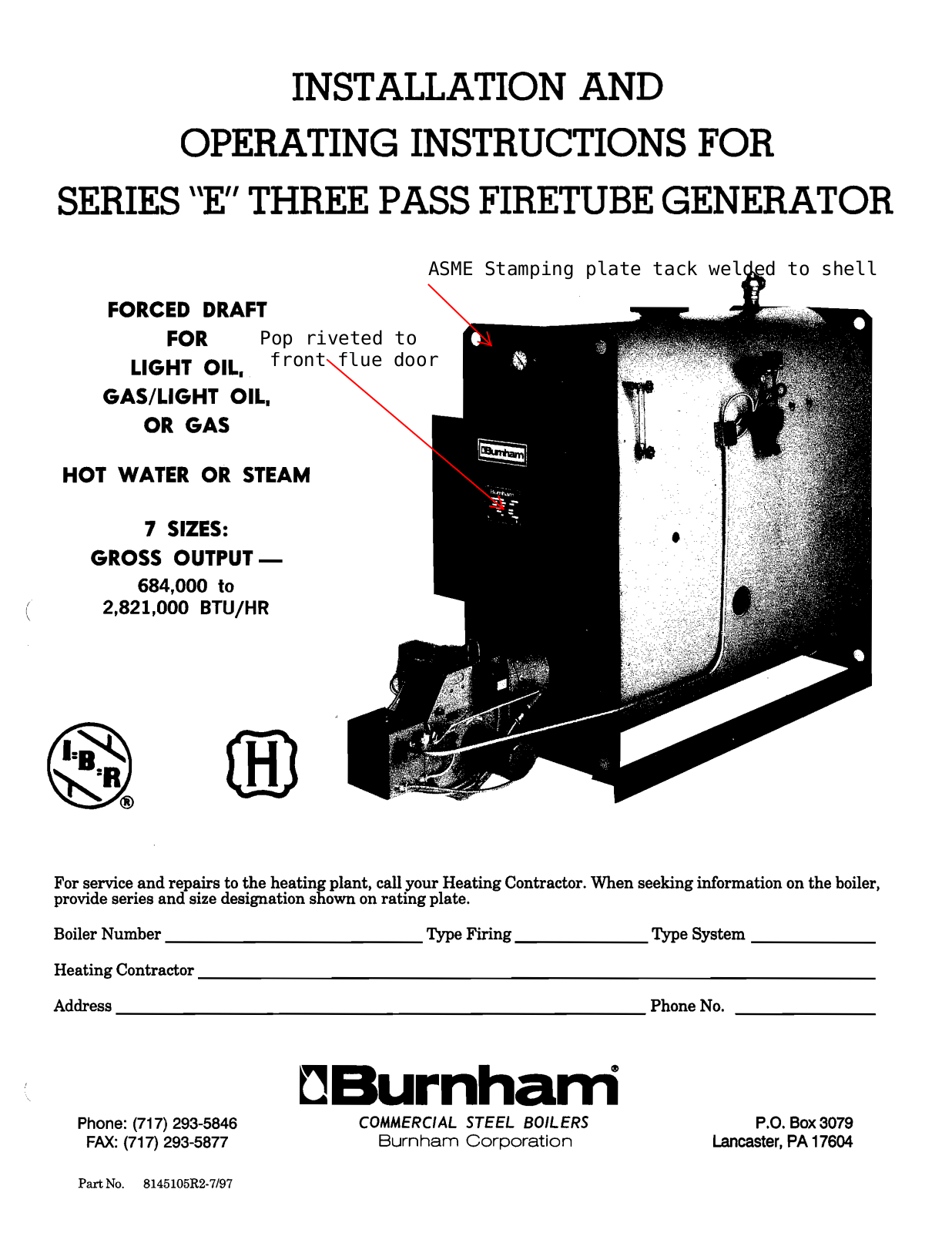 Burnham E Series Installation and Operation Manual