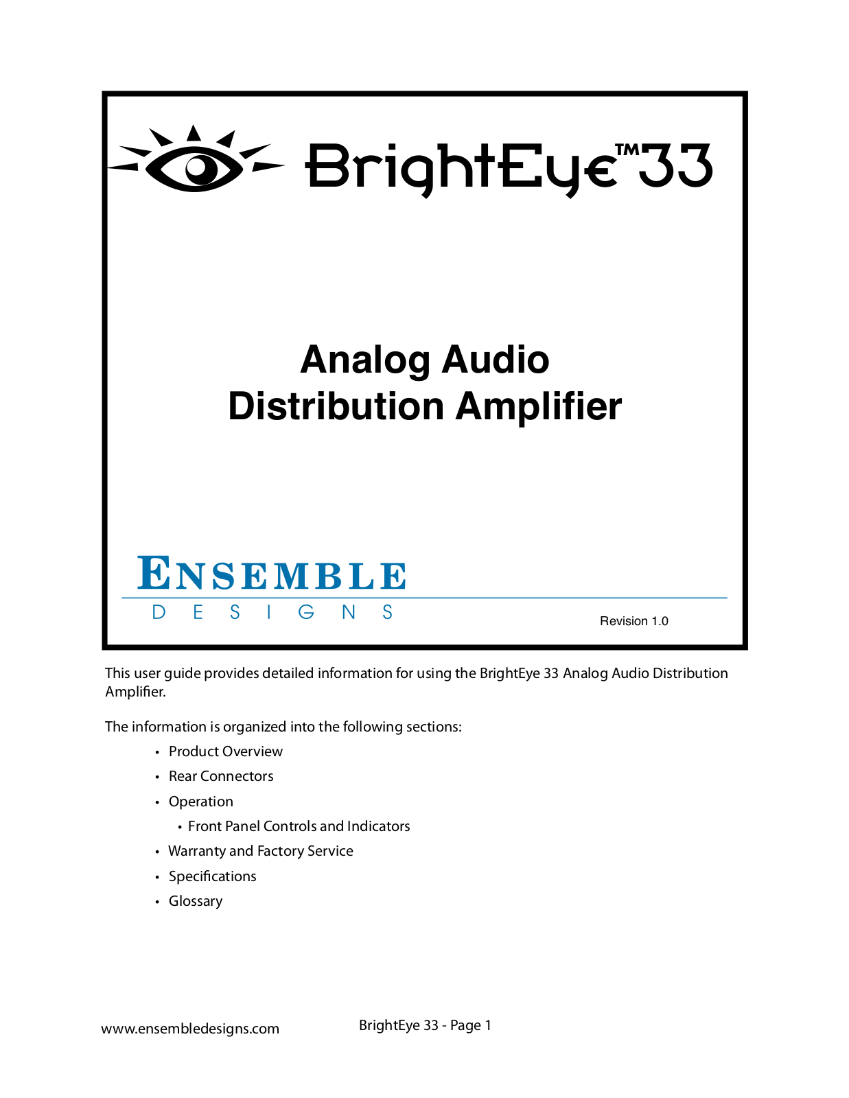 Ensemble Designs BrightEye 33 Analog Audio Distribution Amplifier User Manual