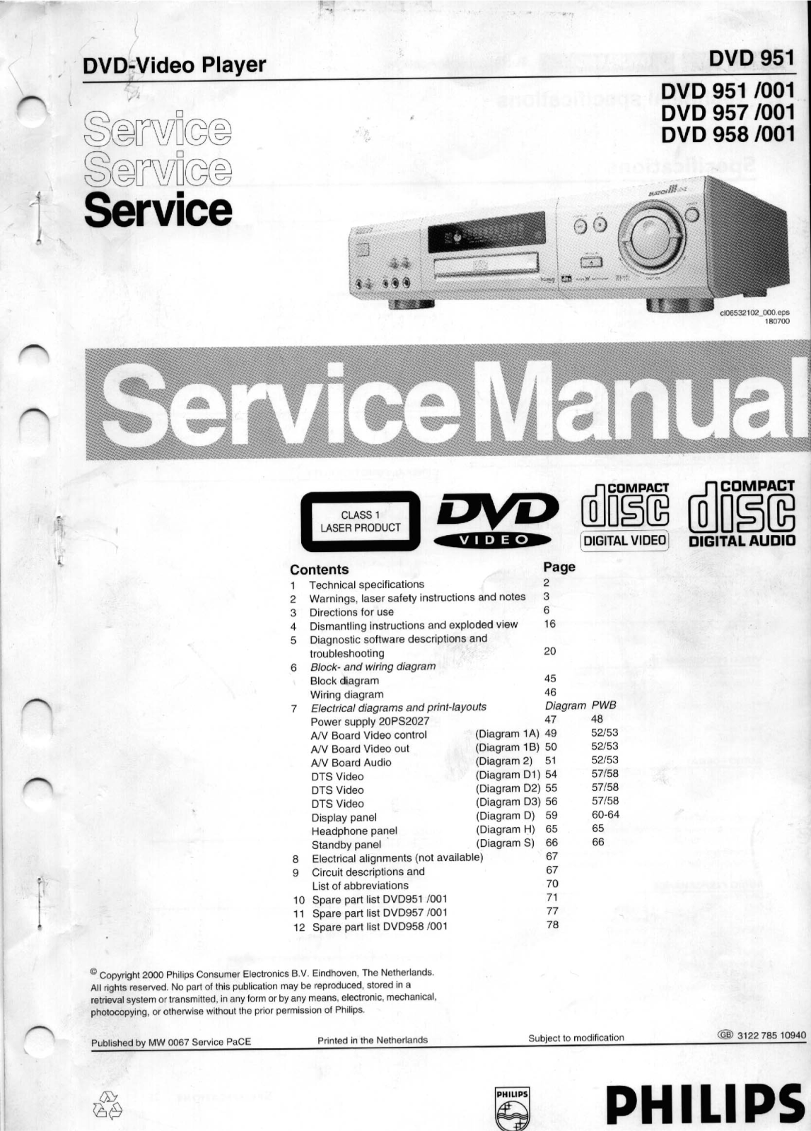 Philips DVD951, DVD-957, DVD-958 Service Manual