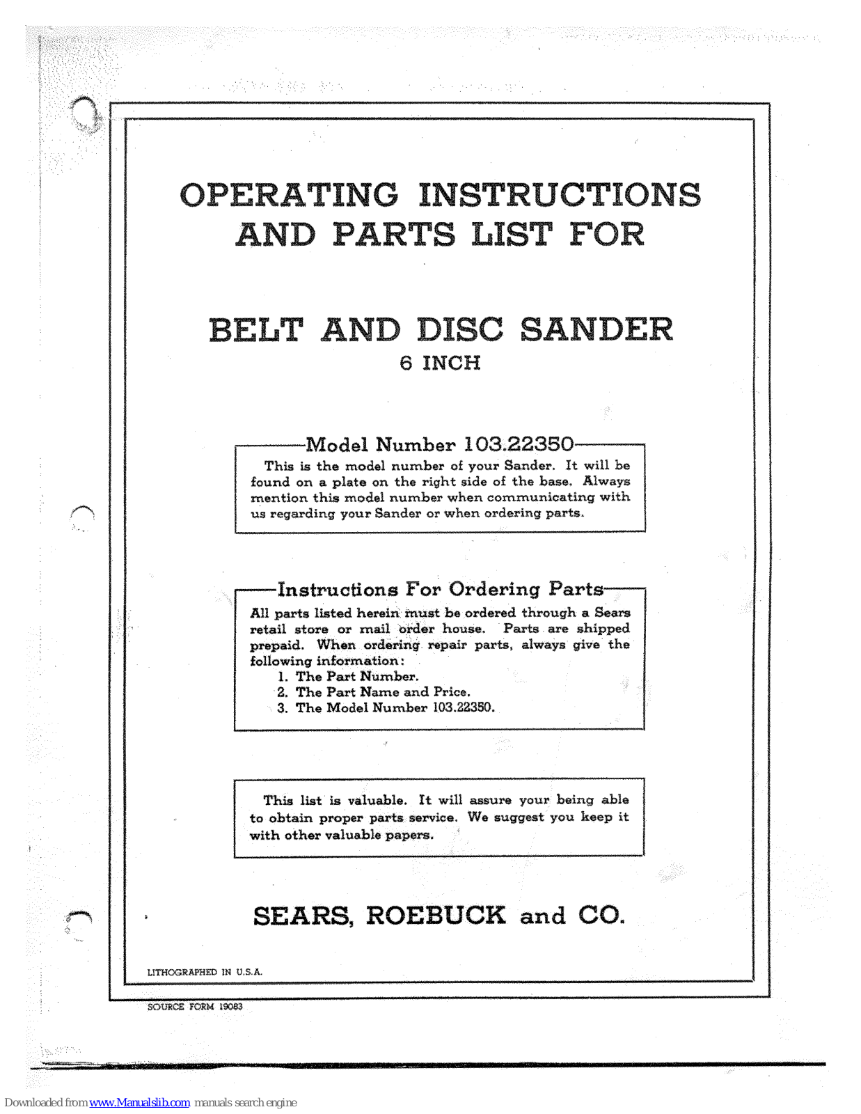 Sears 103.22350 Operating Instructions And Parts List Manual