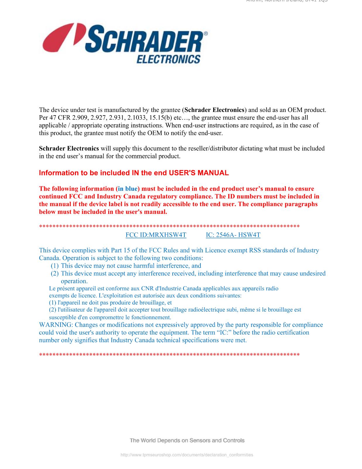 Schrader Electronics HSW4T Users manual