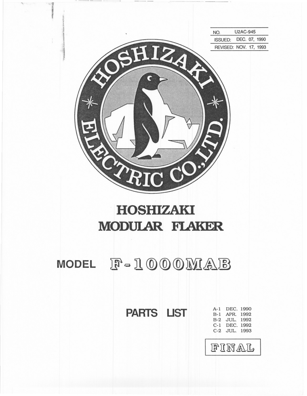 Hoshizaki F-1000MAB Parts Manual