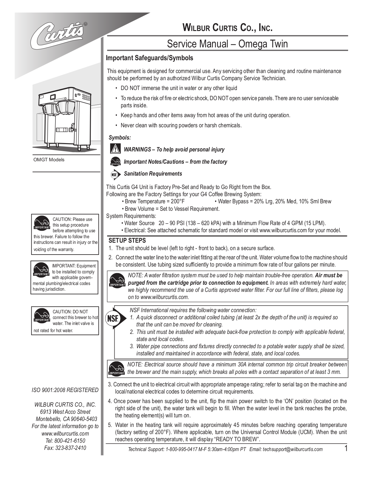 Wilbur Curtis OMGT10 Service Manual