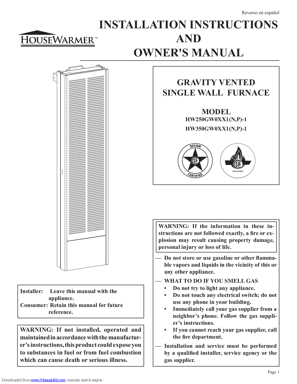 HouseWarmer HW250GW0XX1(N, P)-1, HW350GW0XX1(N, HW250GW0XX1N-1, HW250GW0XX1P-1 Installation Instructions And Owner's Manual