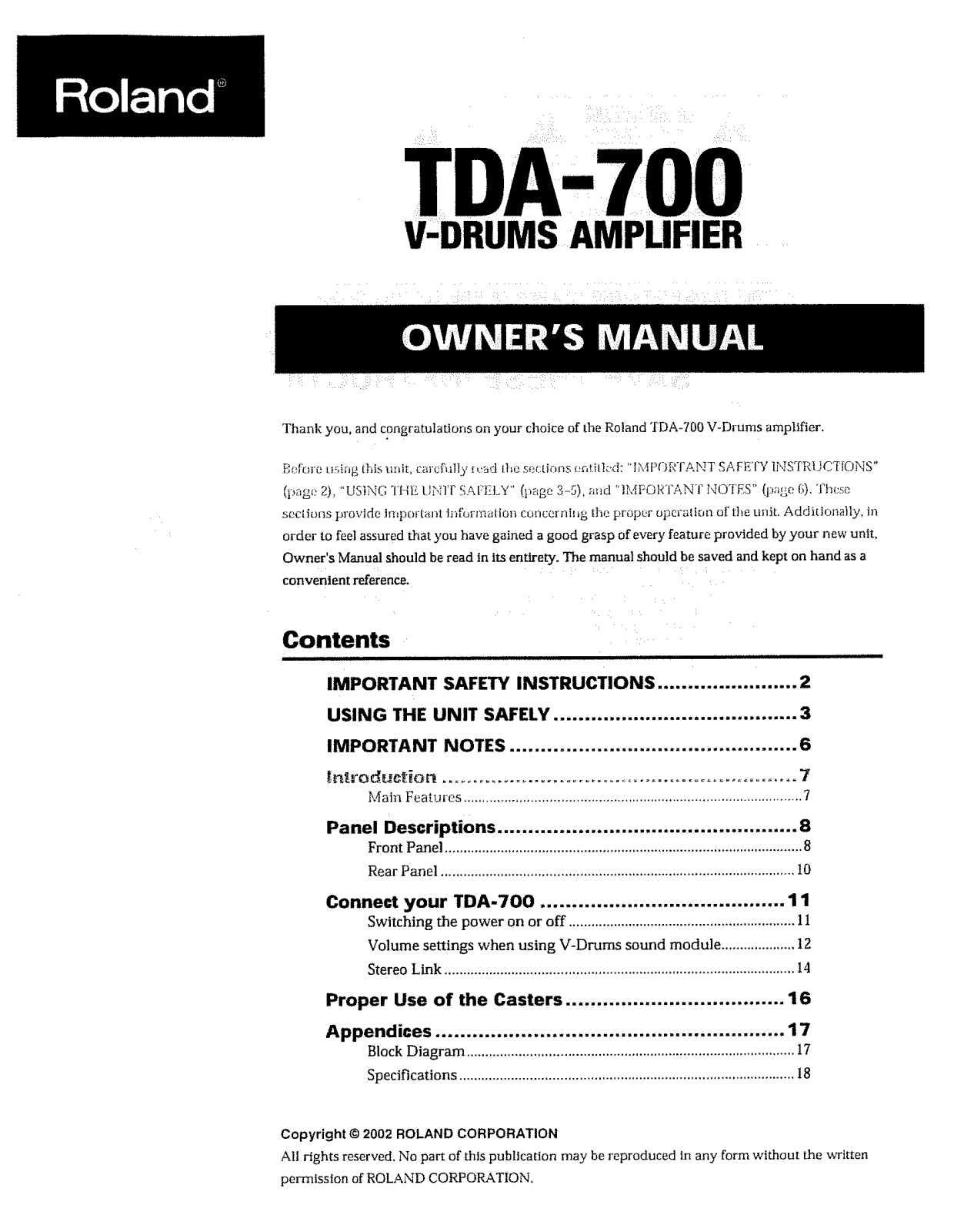 Roland Corporation TDA-700 Owner's Manual