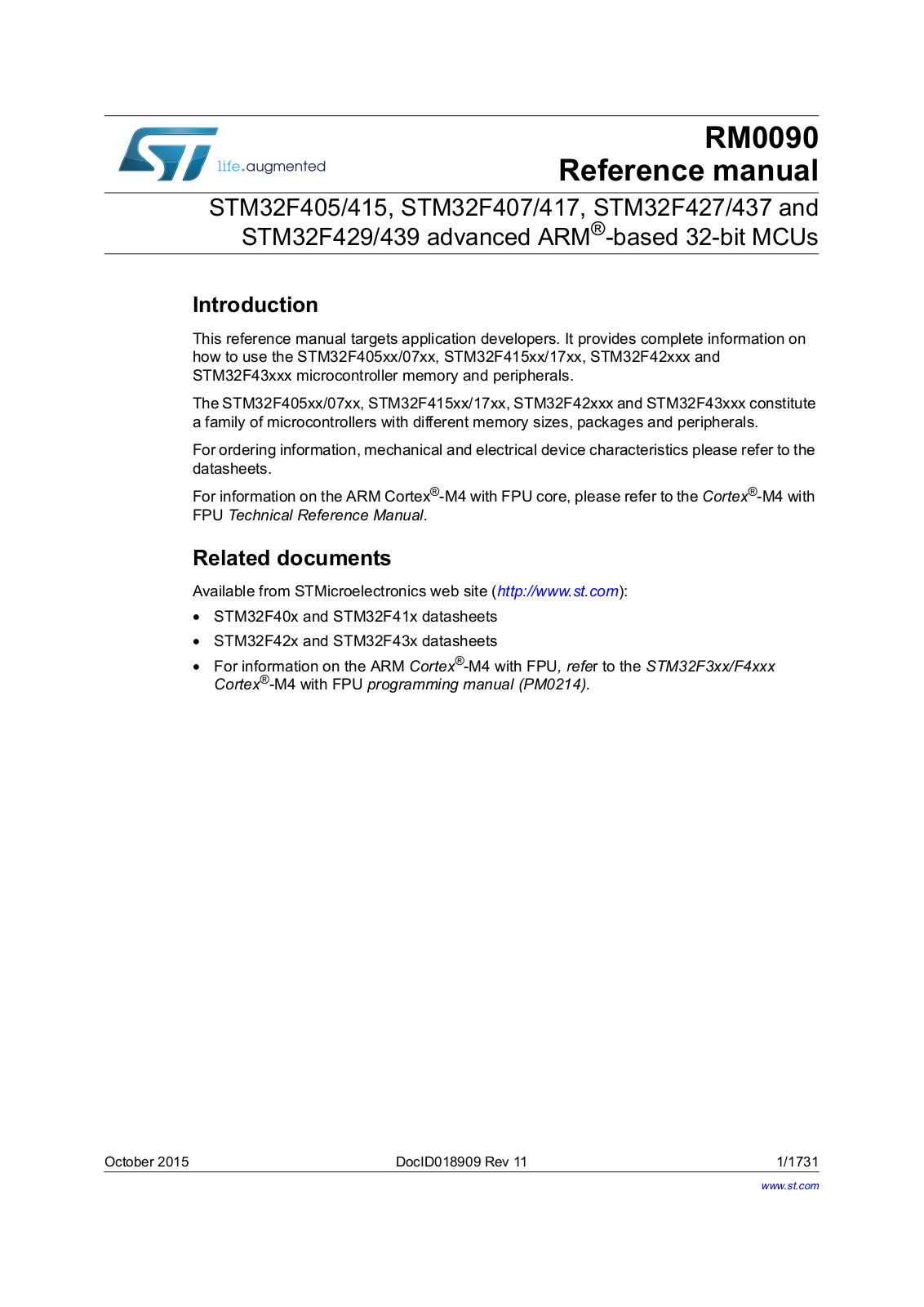 STMicroelectronics STM32F405, STM32F415, STM32F437, STM32F429, STM32F439 Reference Manual