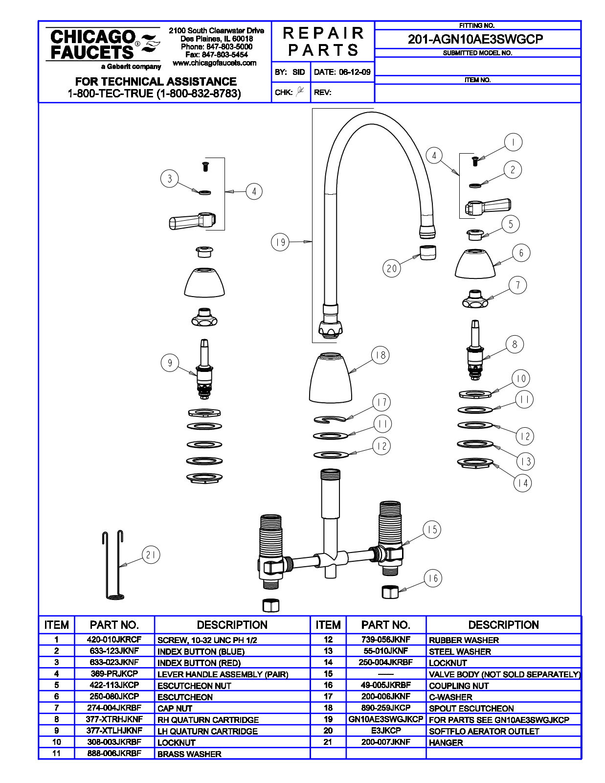 Chicago Faucet 201-AGN10AE3SWGCP Parts List