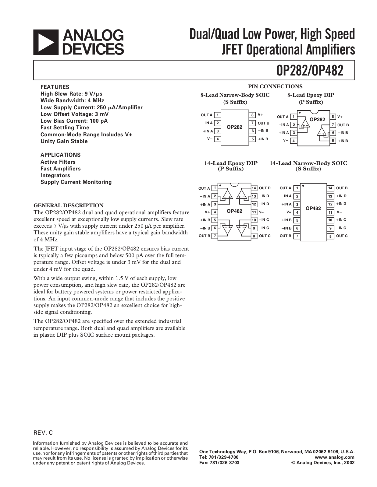 Analog Devices OP282GS, OP282GP, OP482GP, OP482GS Datasheet