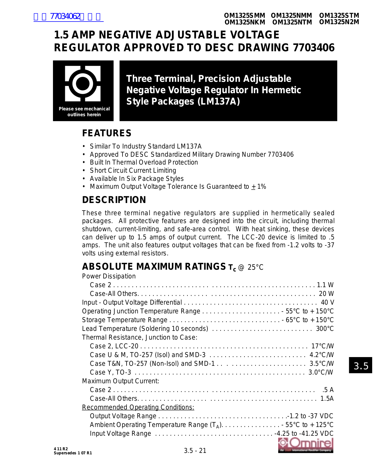 omnirel OM1325NKM Technical data