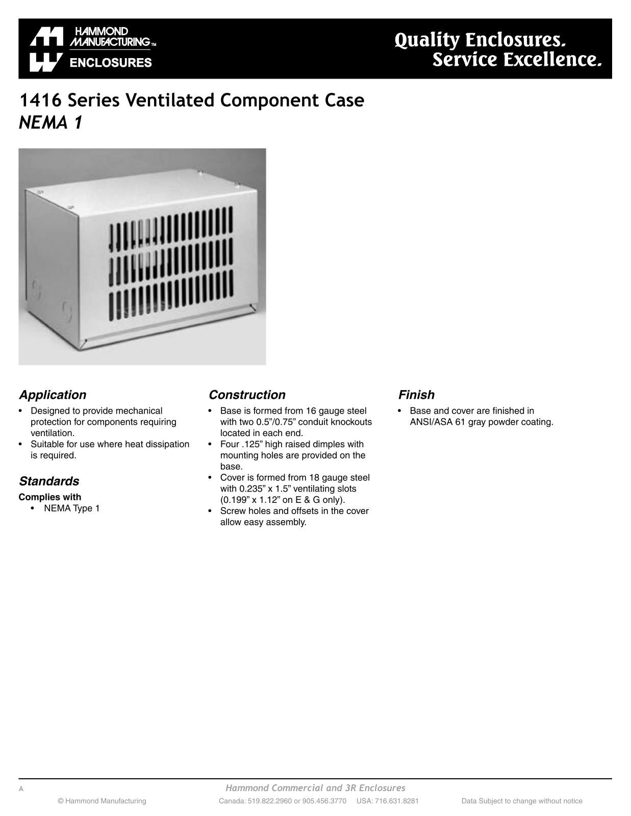 Hammond Manufacturing 1416 Series Catalog Page