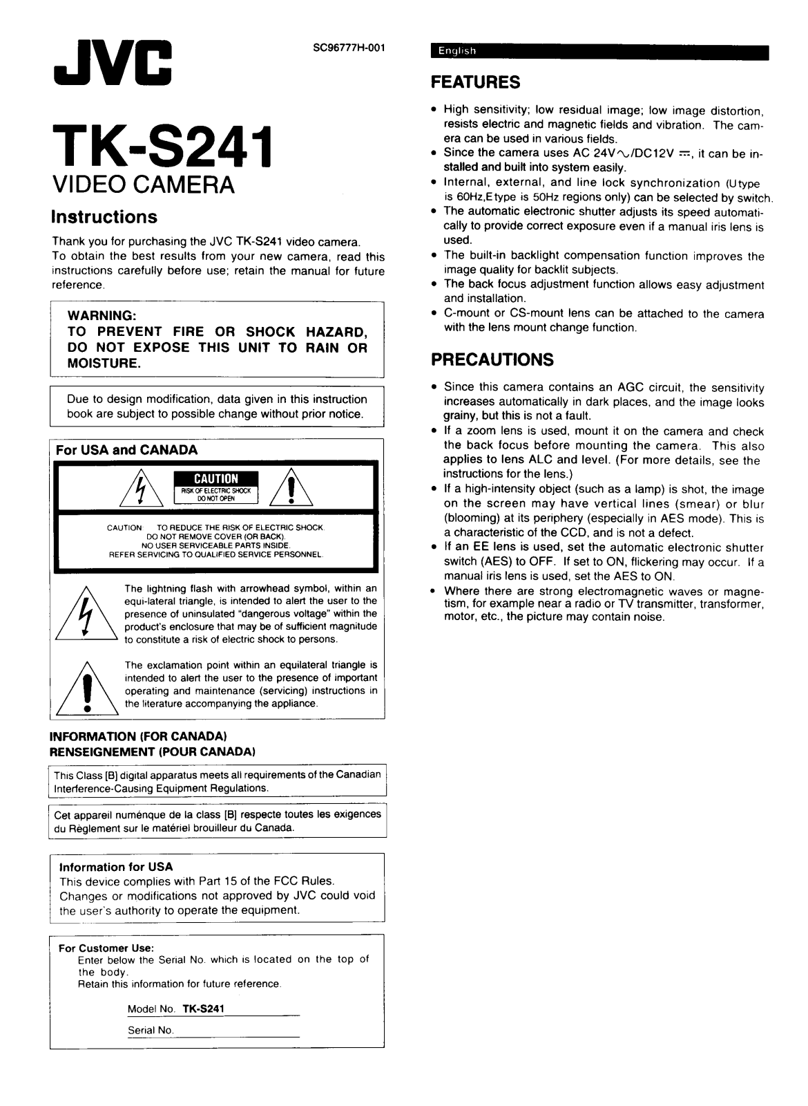 JVC TK-S241 User Manual