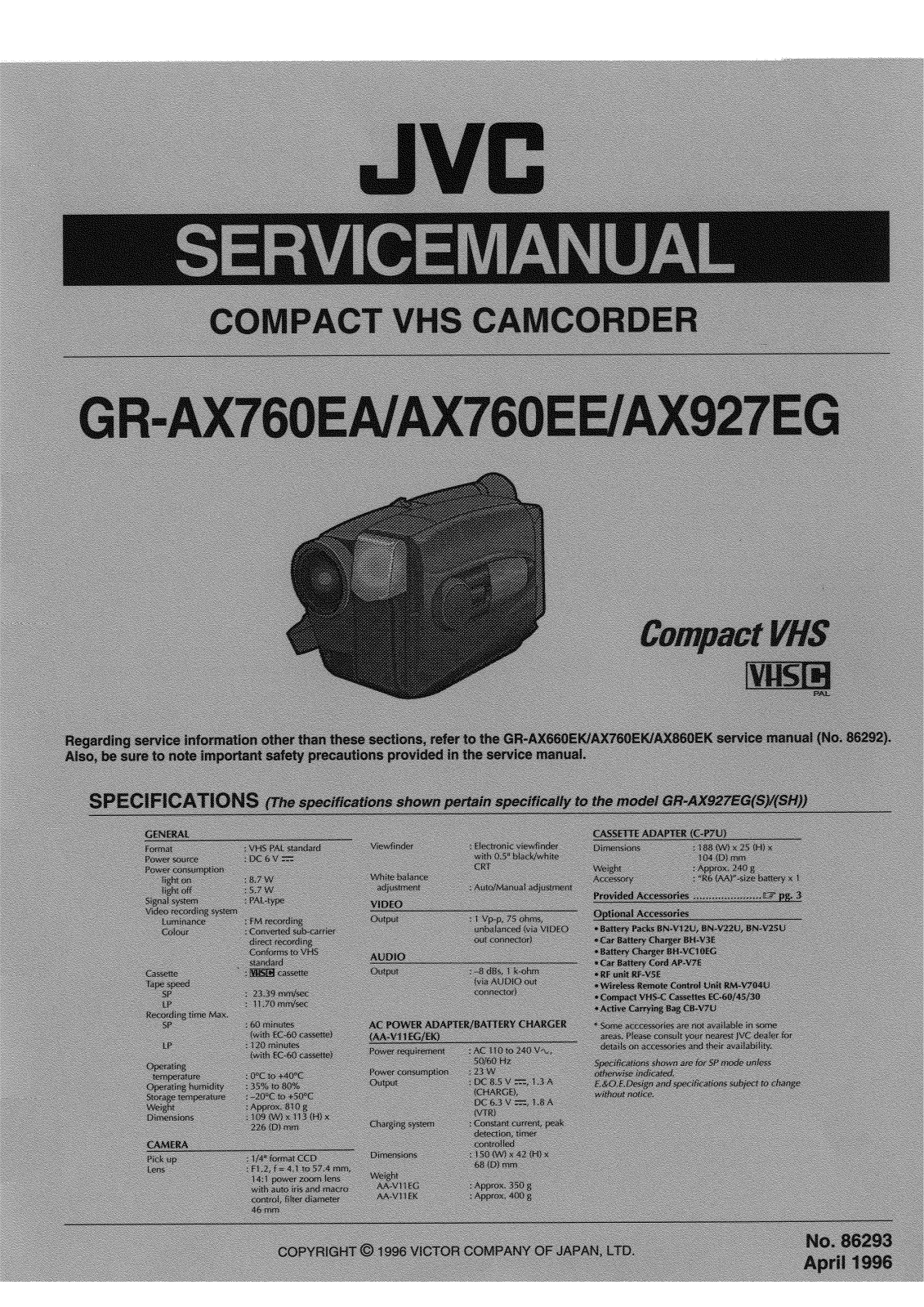 JVC GR-AX760EA, GR-AX927EG(S), GR-AX927EG(SH) Service Manual