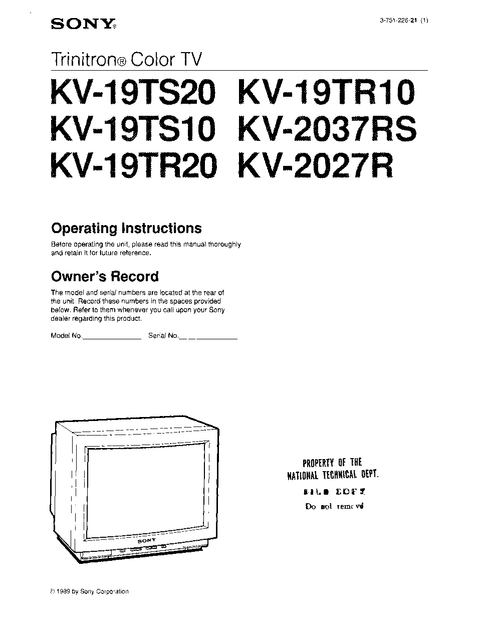 Sony KV-19TR10, KV-19TR20, KV-19TS10, KV-2027R, KV-2037RS Operating Instruction