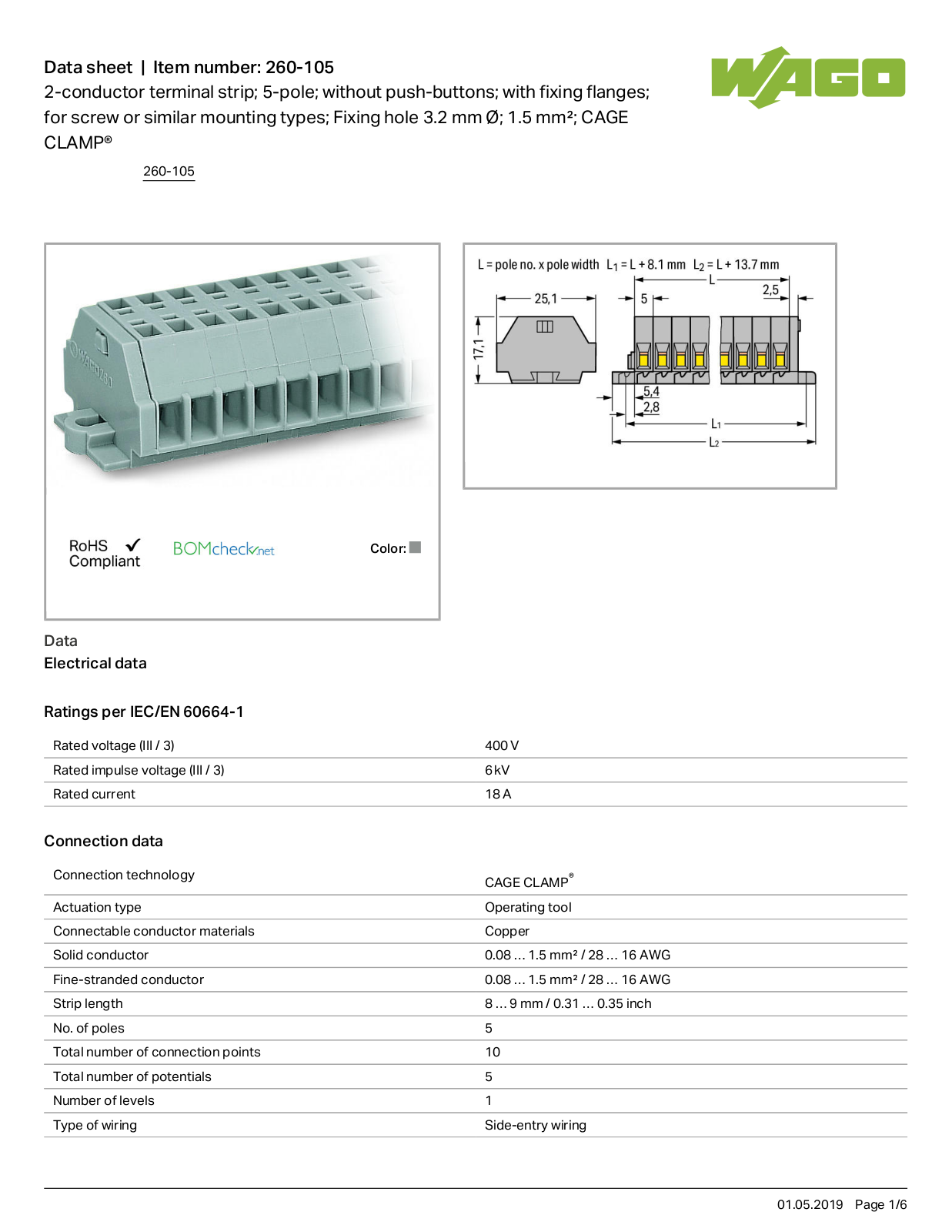 Wago 260-105 Data Sheet