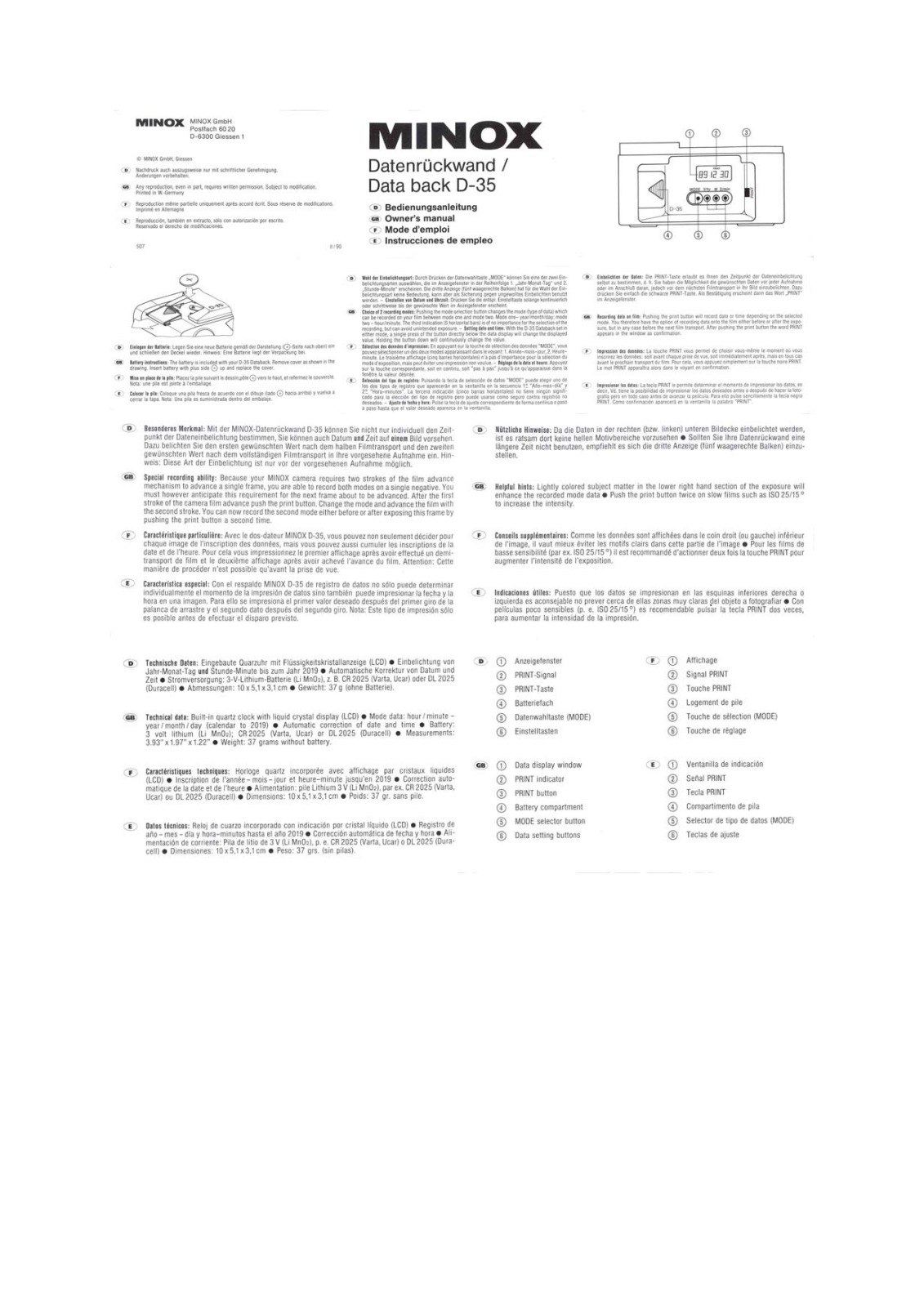 Minox DATA BACK D-35 BROCHURE