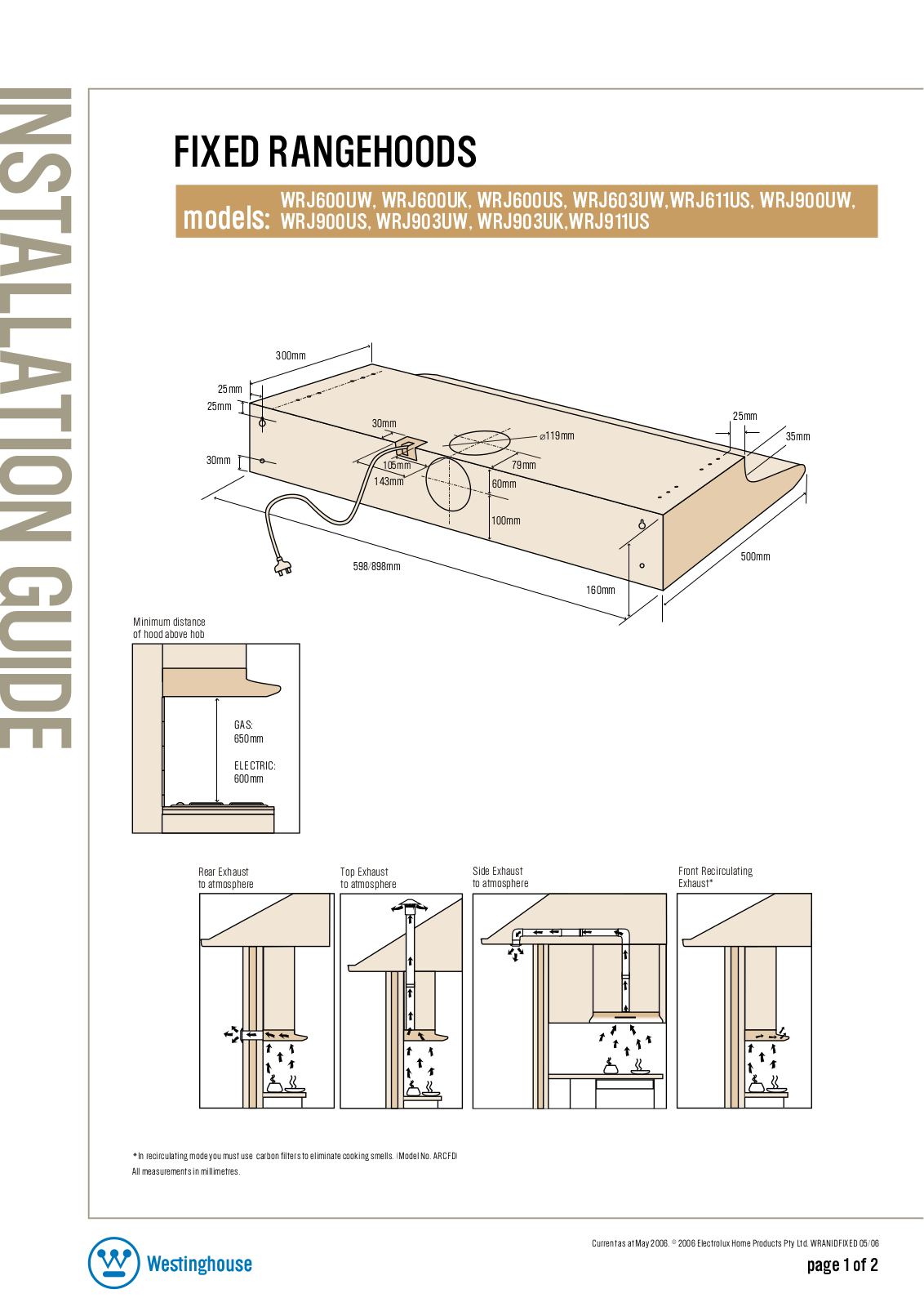 Westinghouse WRJ600UW Installation Guide