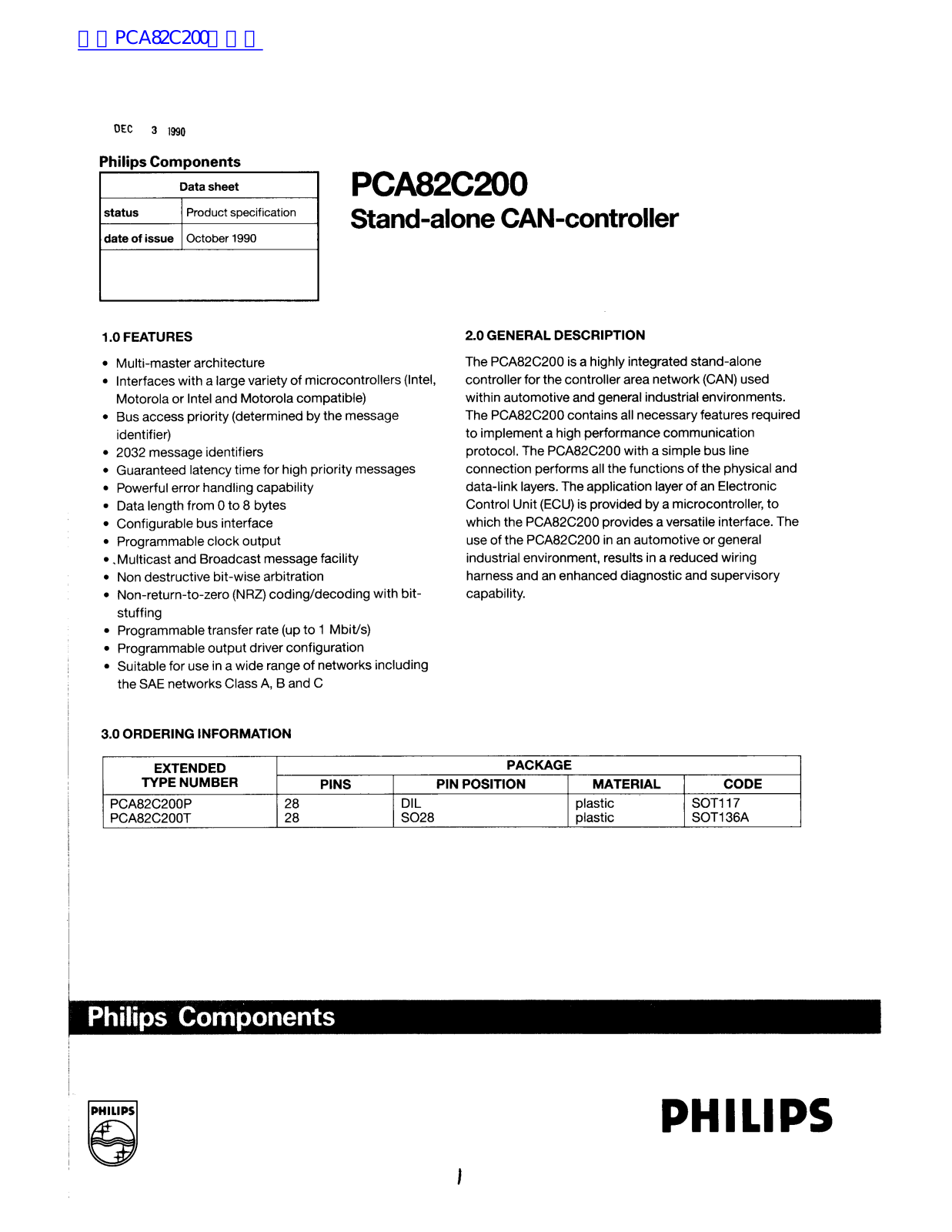 Philips PCA82C200 Technical data