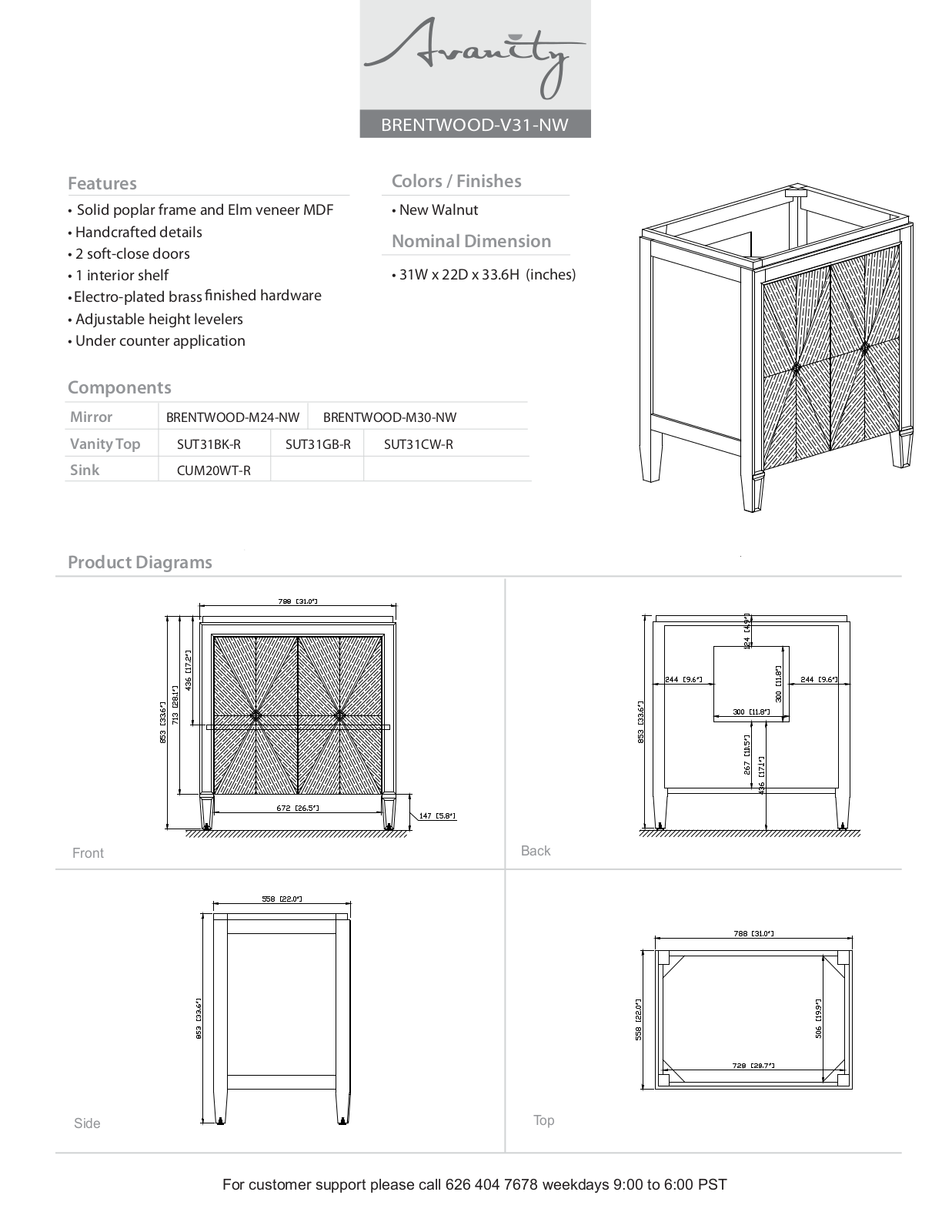 Avanity BRENTWOODVS31NWC, BRENTWOODVS31NWA Specifications