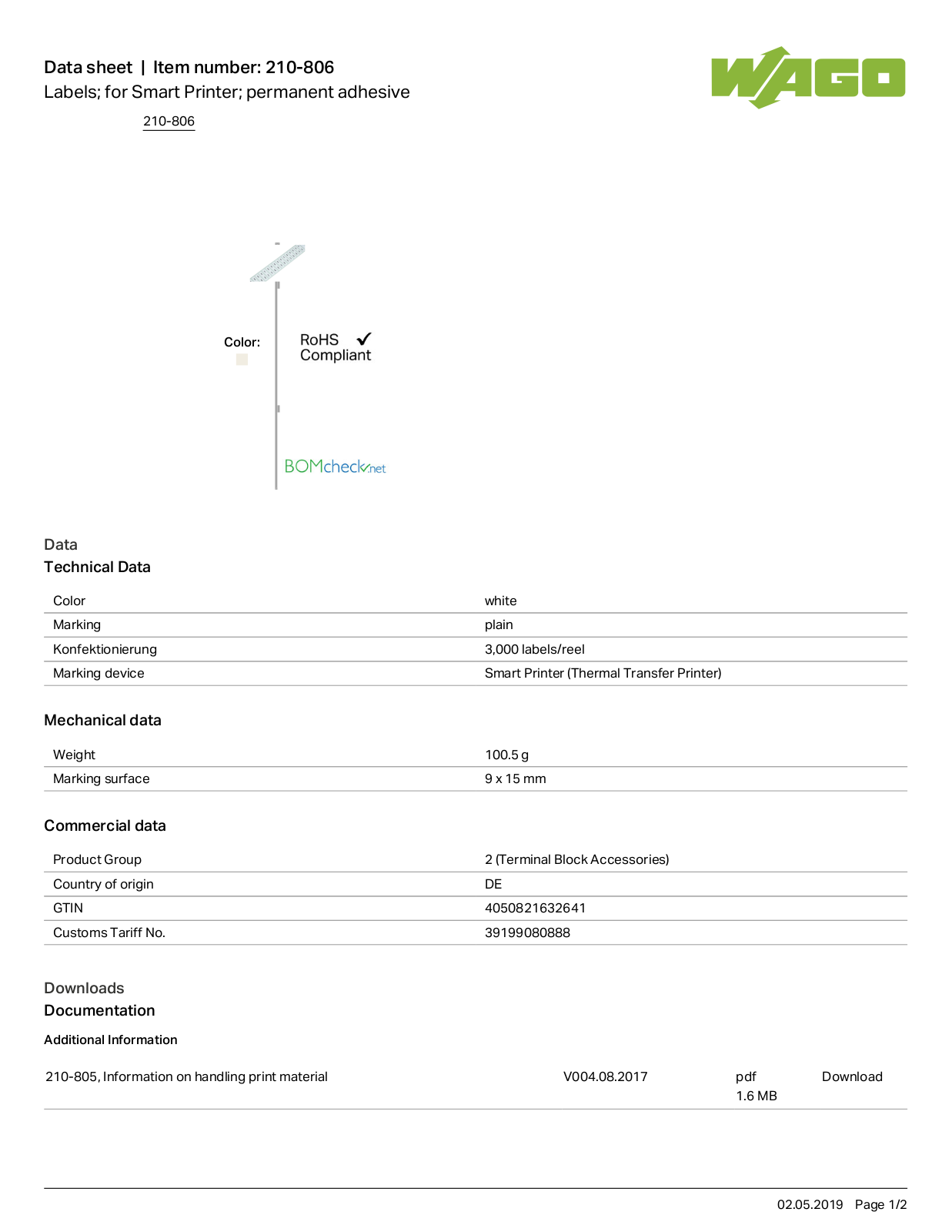 Wago 210-806 Data Sheet