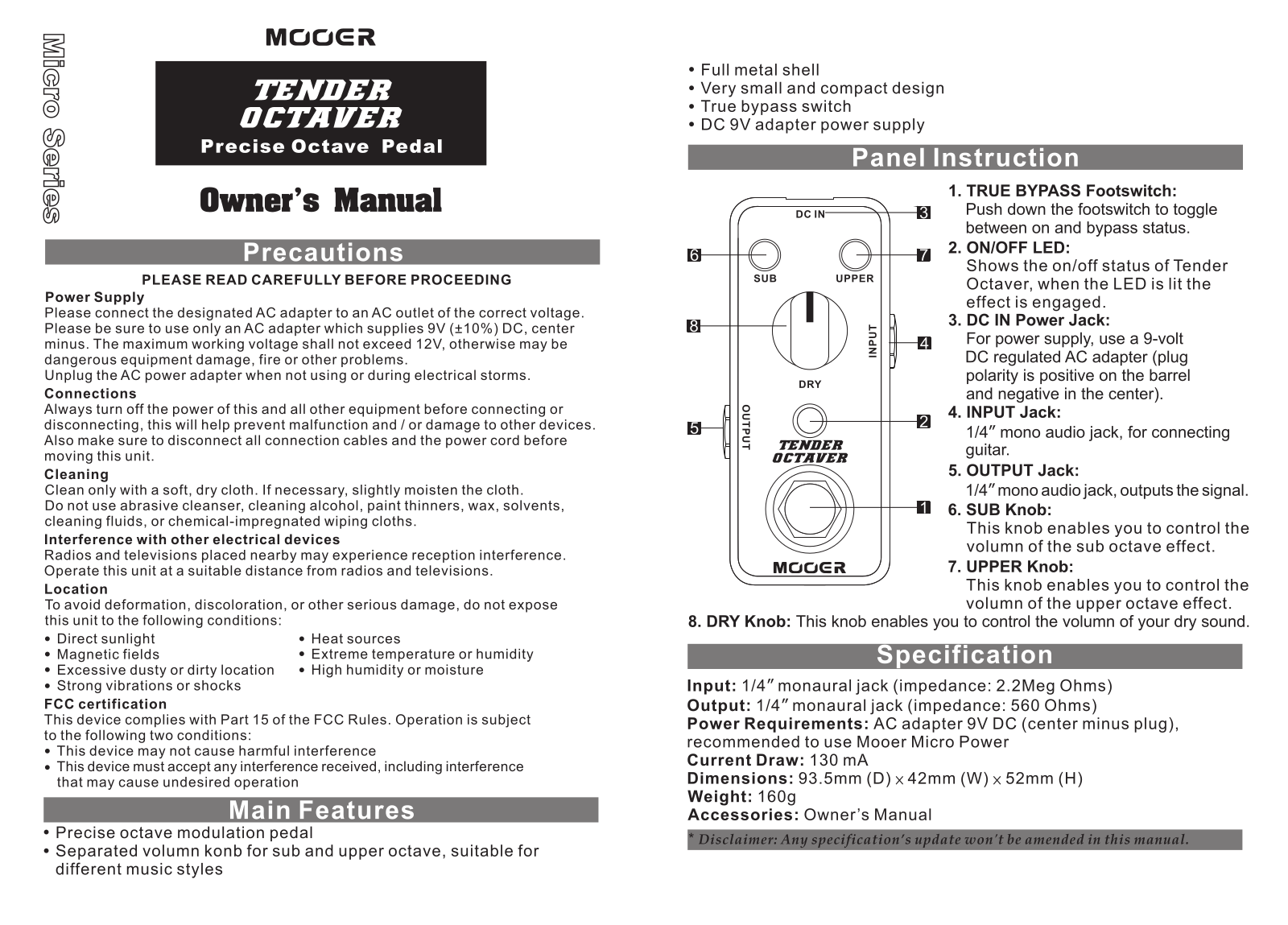 Mooer Tender Octaver Owner`s Manual