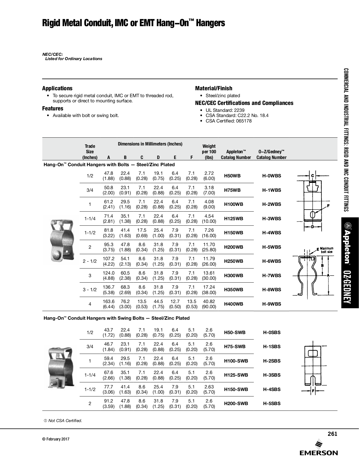 Appleton Rigid Metal Conduit, IMC  Hang-On™ Hangers, EMT Hang-On™ Hangers Catalog Page