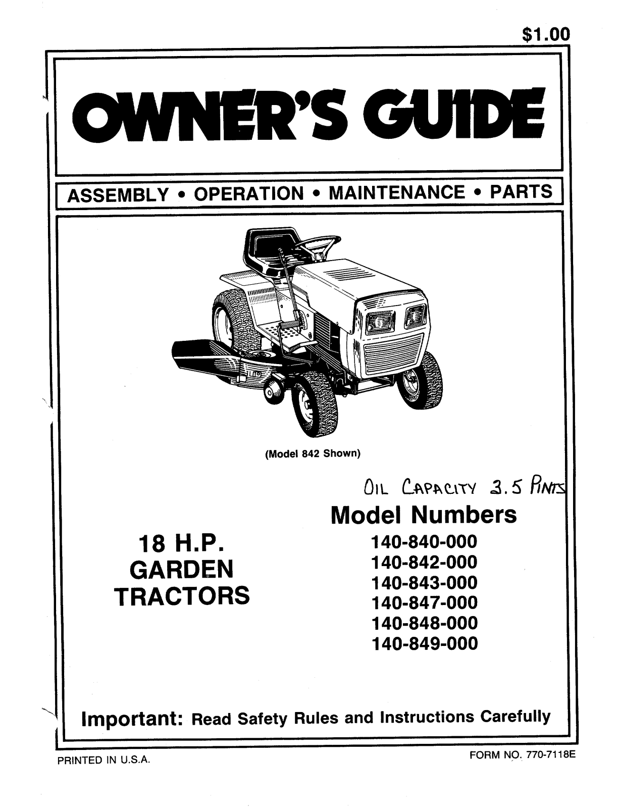 MTD 140-842-000, 140-843-000, 140-840-000, 140-847-000, 140-848-000 User Manual