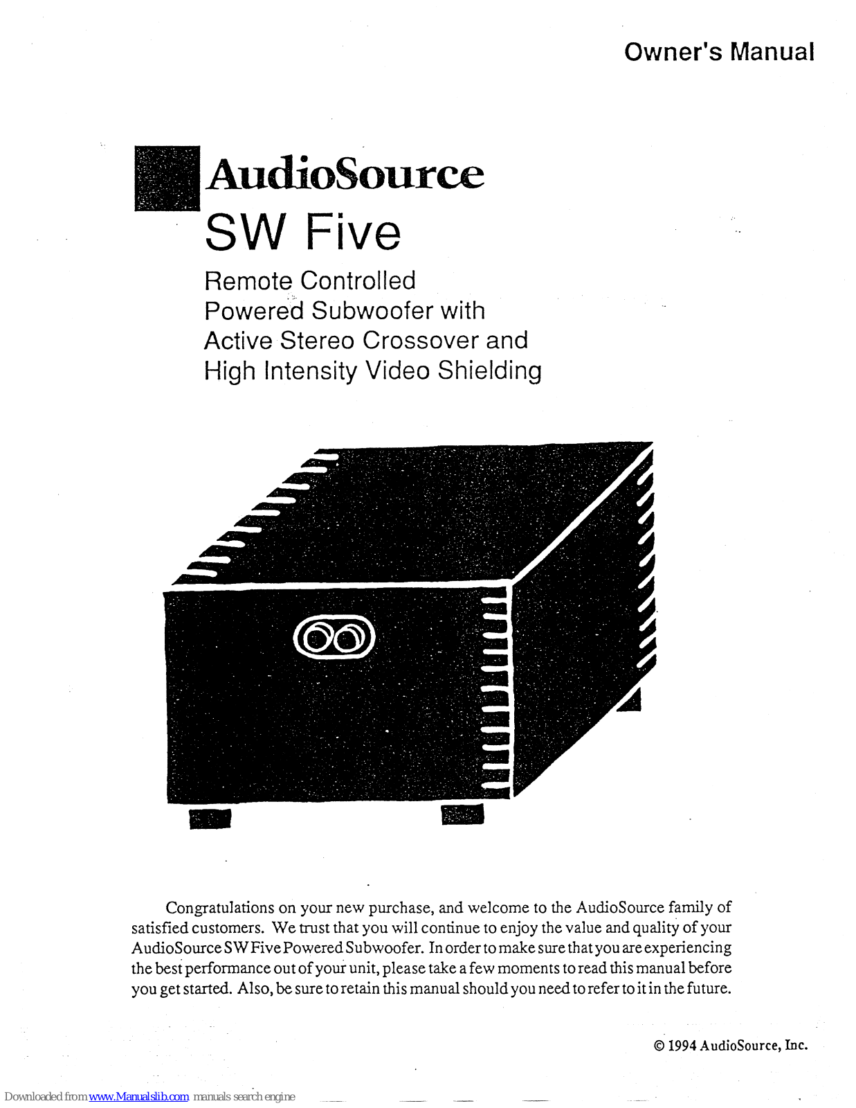 AudioSource SW 5, SW Five Owner's Manual