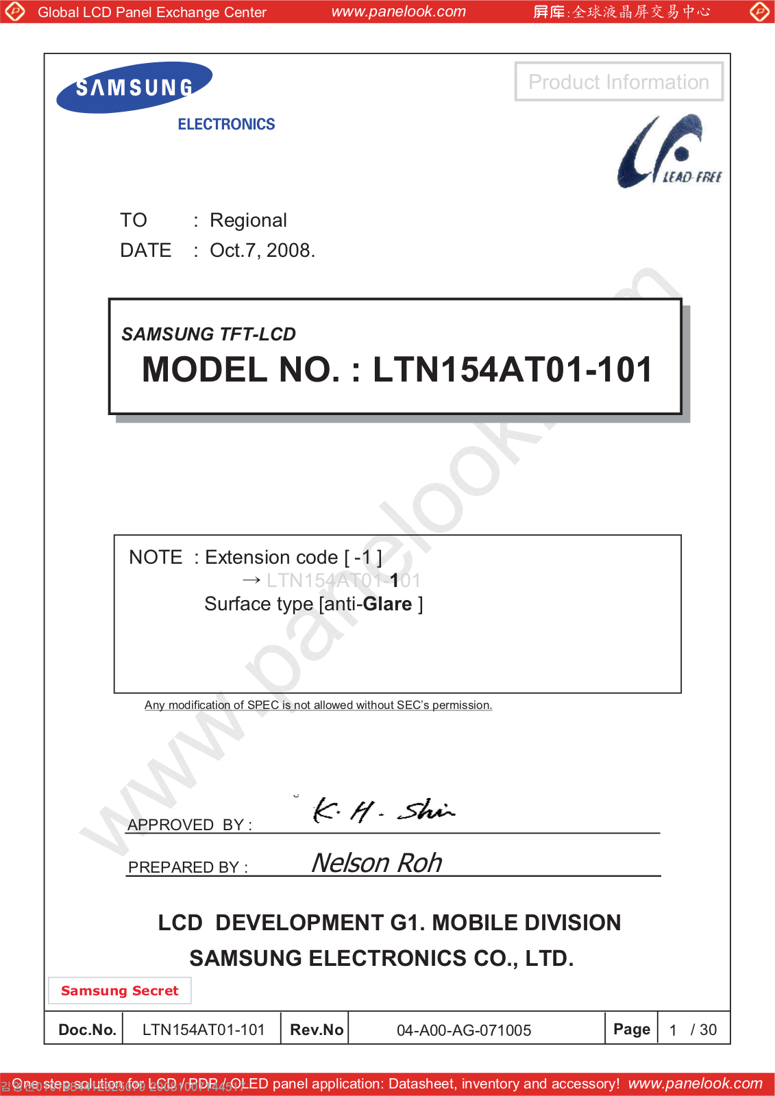 SAMSUNG LTN154AT01-101 Specification