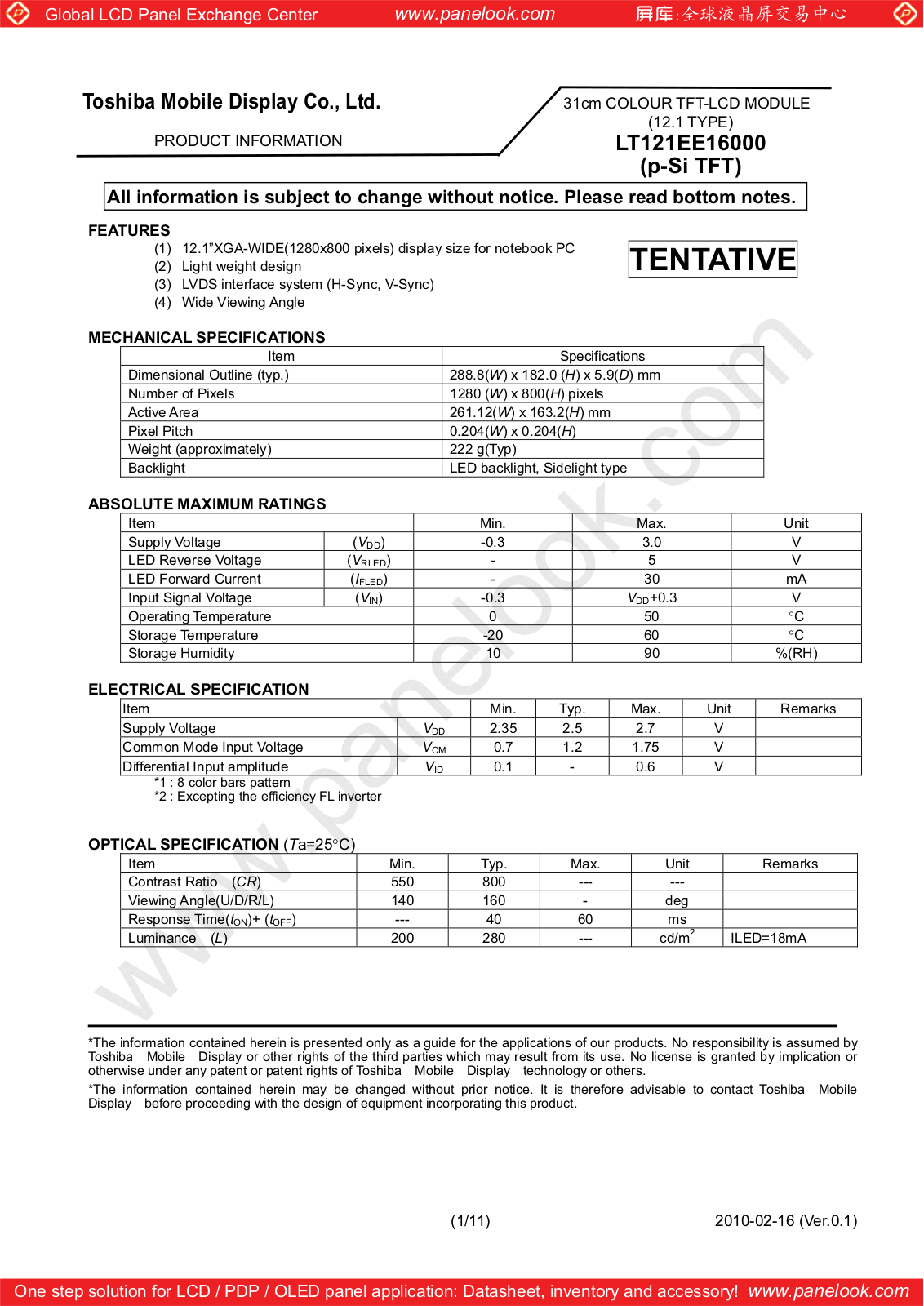 TOSHIBA LT121EE16000 Specification