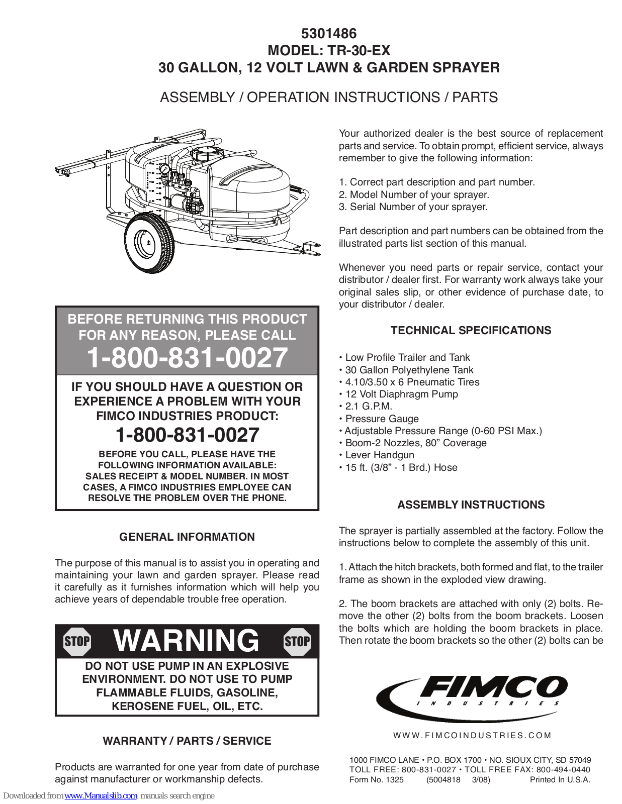 Fimco TR-30-EX Assembly / Operation Instructions / Parts