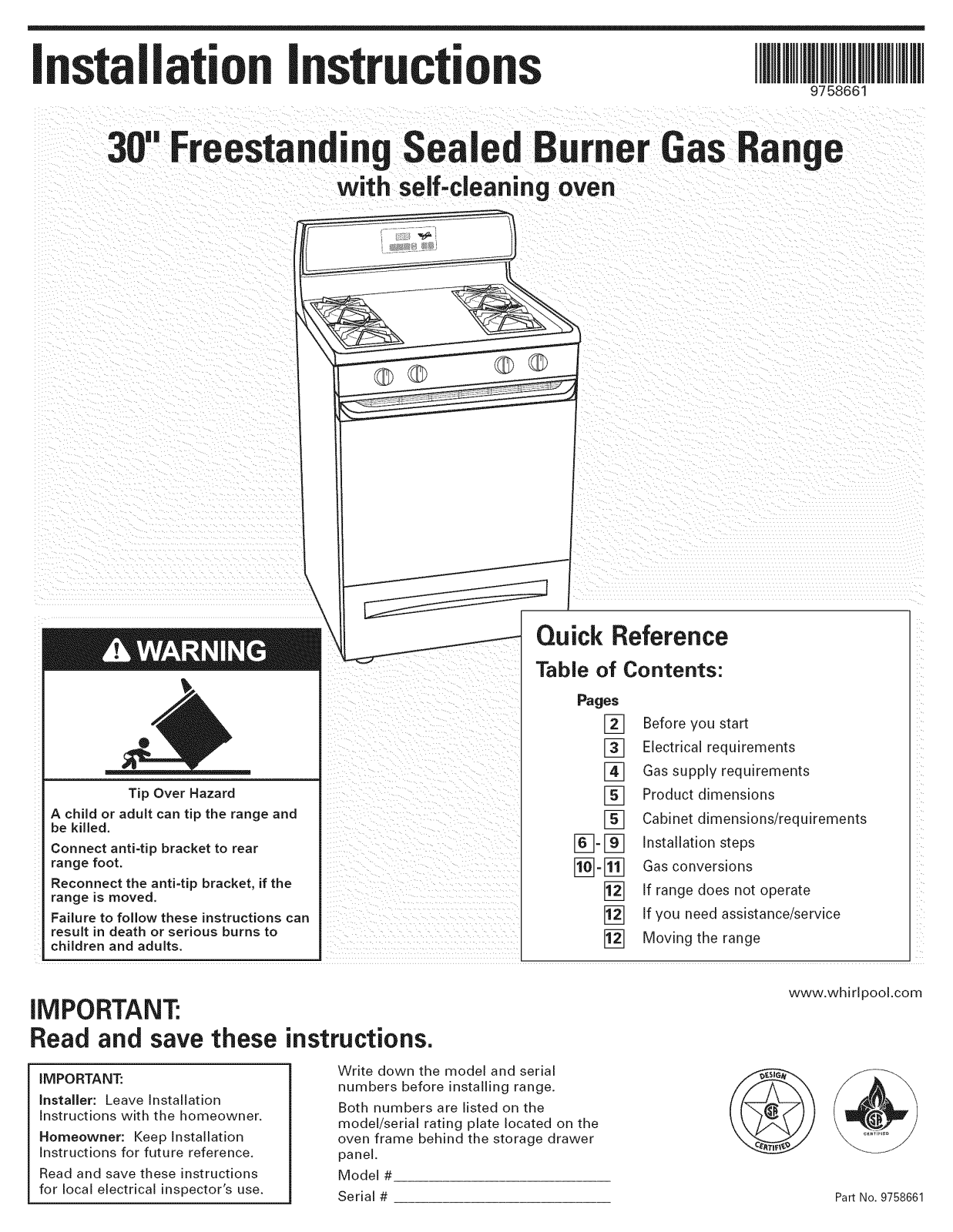 Whirlpool YSF379LEMB0, YSF379LEMQ1, YSF379LEMQ0, YSF379LEMB1 Installation Guide - ManualMachine.com