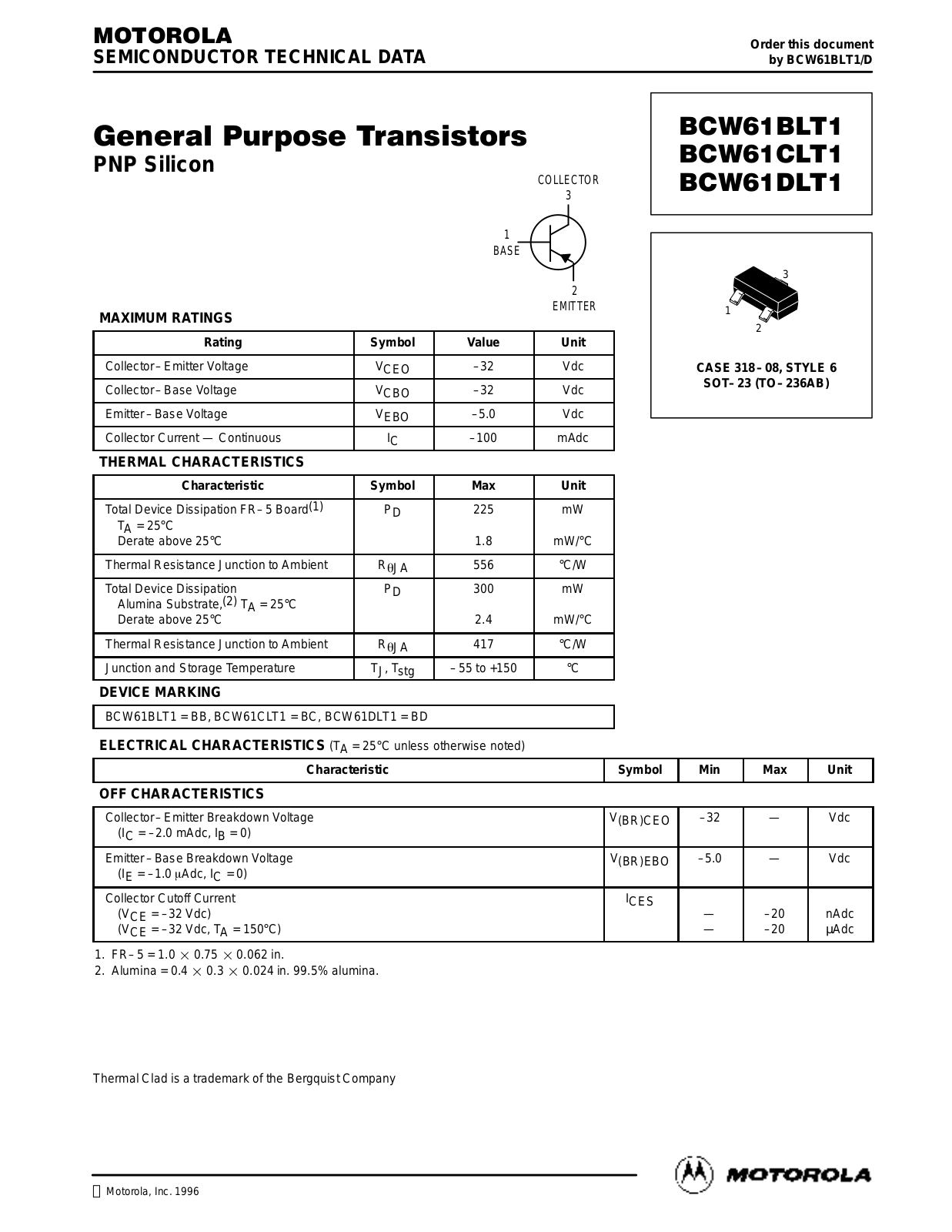 Motorola BCW61CLT1, BCW61BLT1 Datasheet