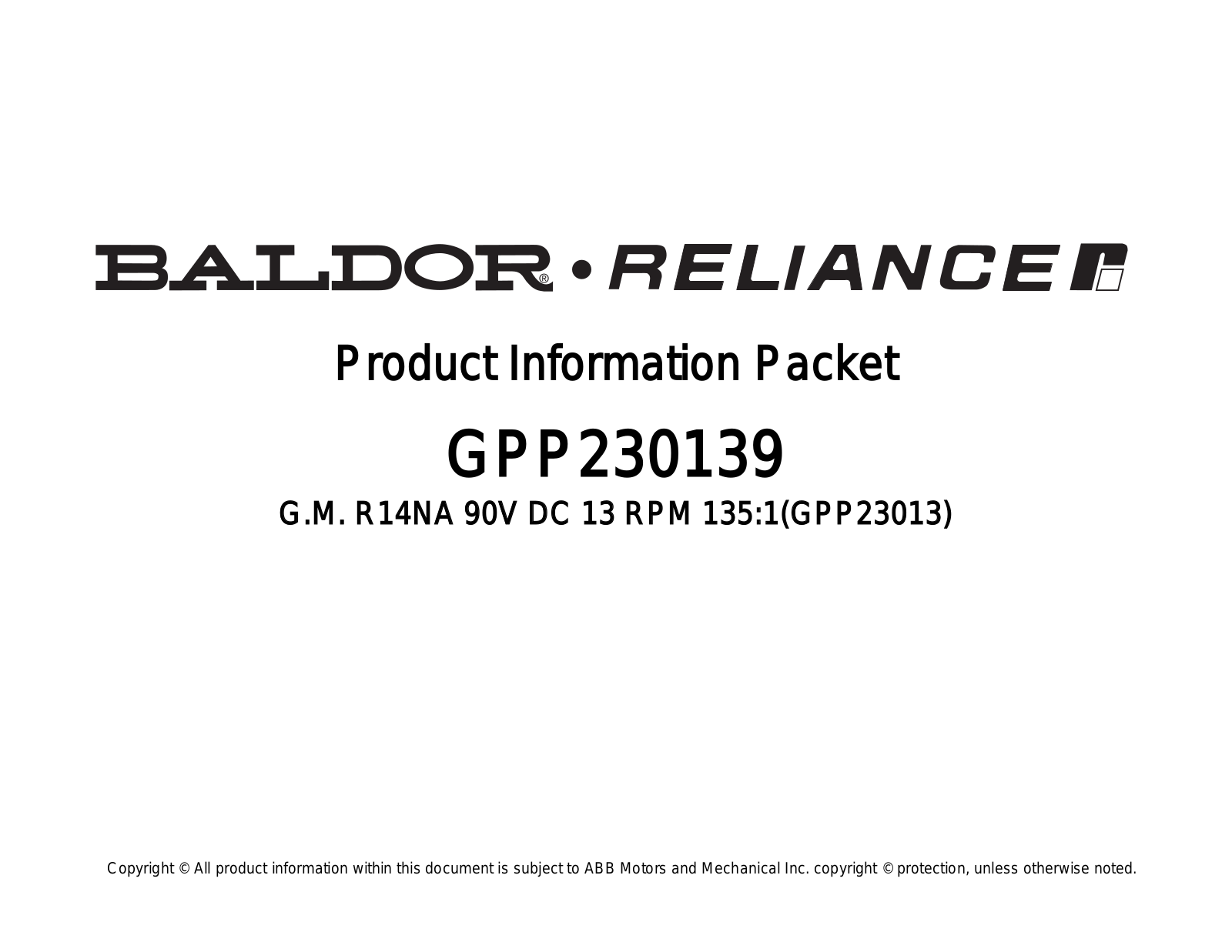 Baldor GPP230139 Product Information Sheet