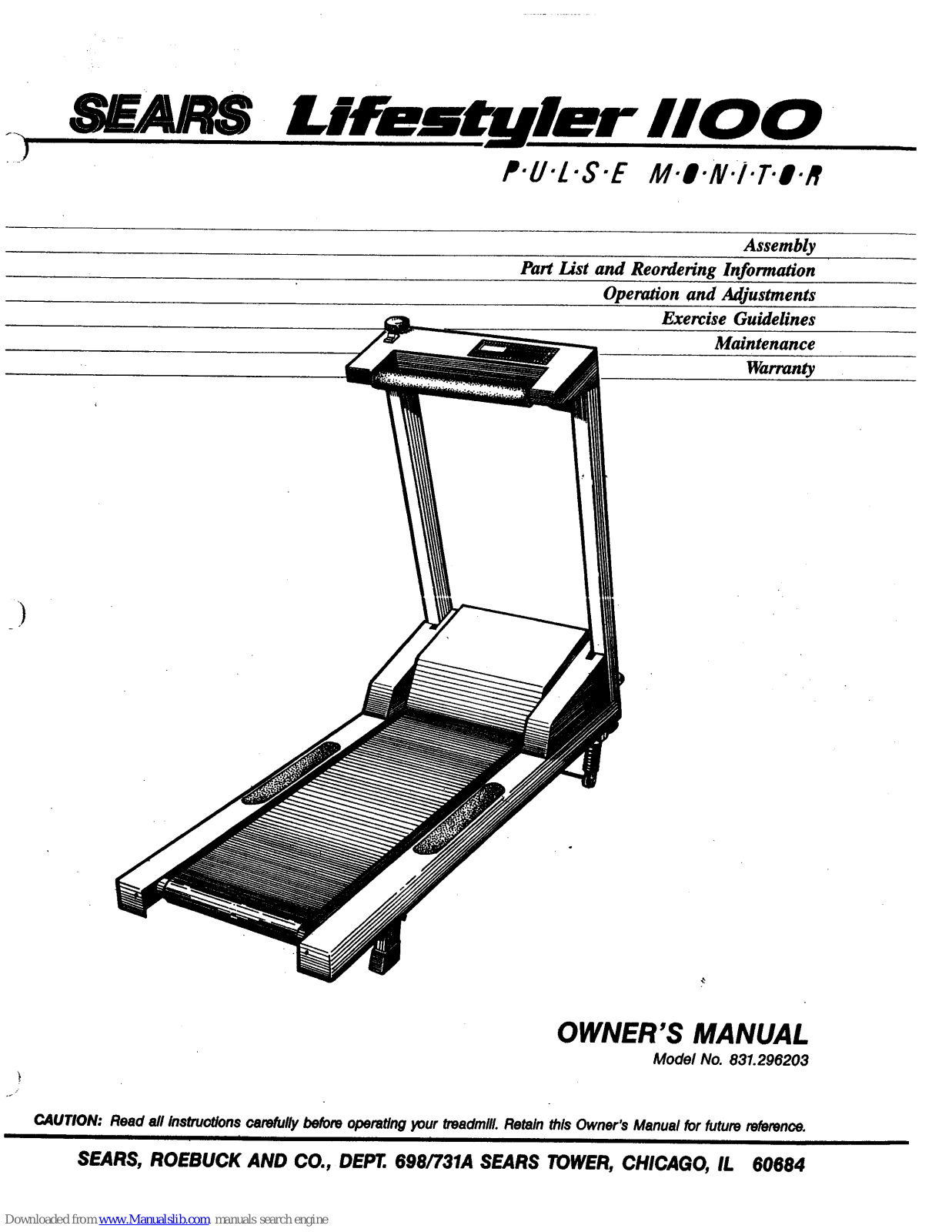 Sears 831.296203,Lifestyler 1100 Pulse monitor Owner's Manual