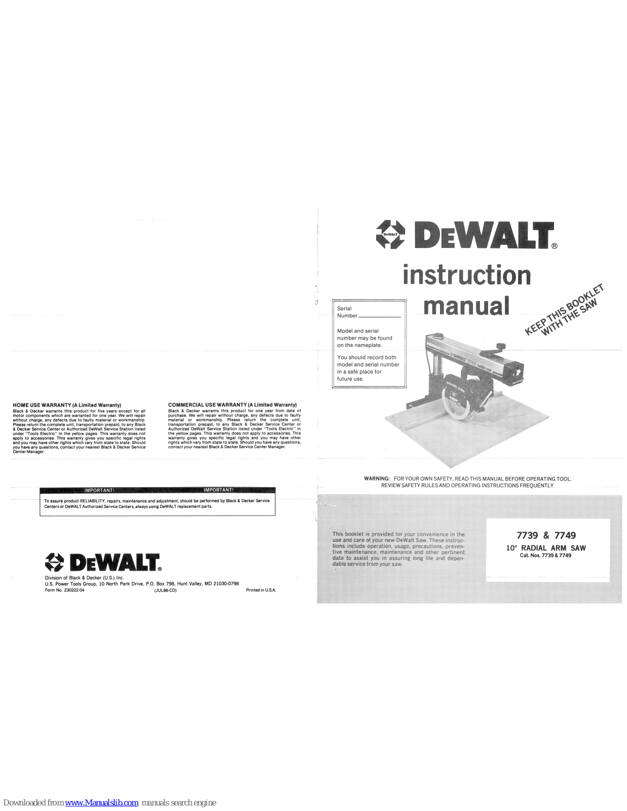 DeWalt 7739, 7749 Instruction Manual