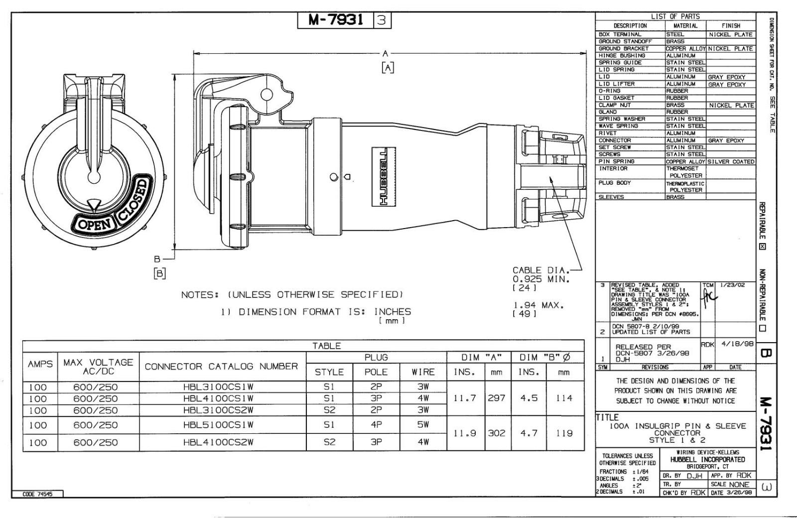 Hubbell HBL3100CS1W Reference Drawing