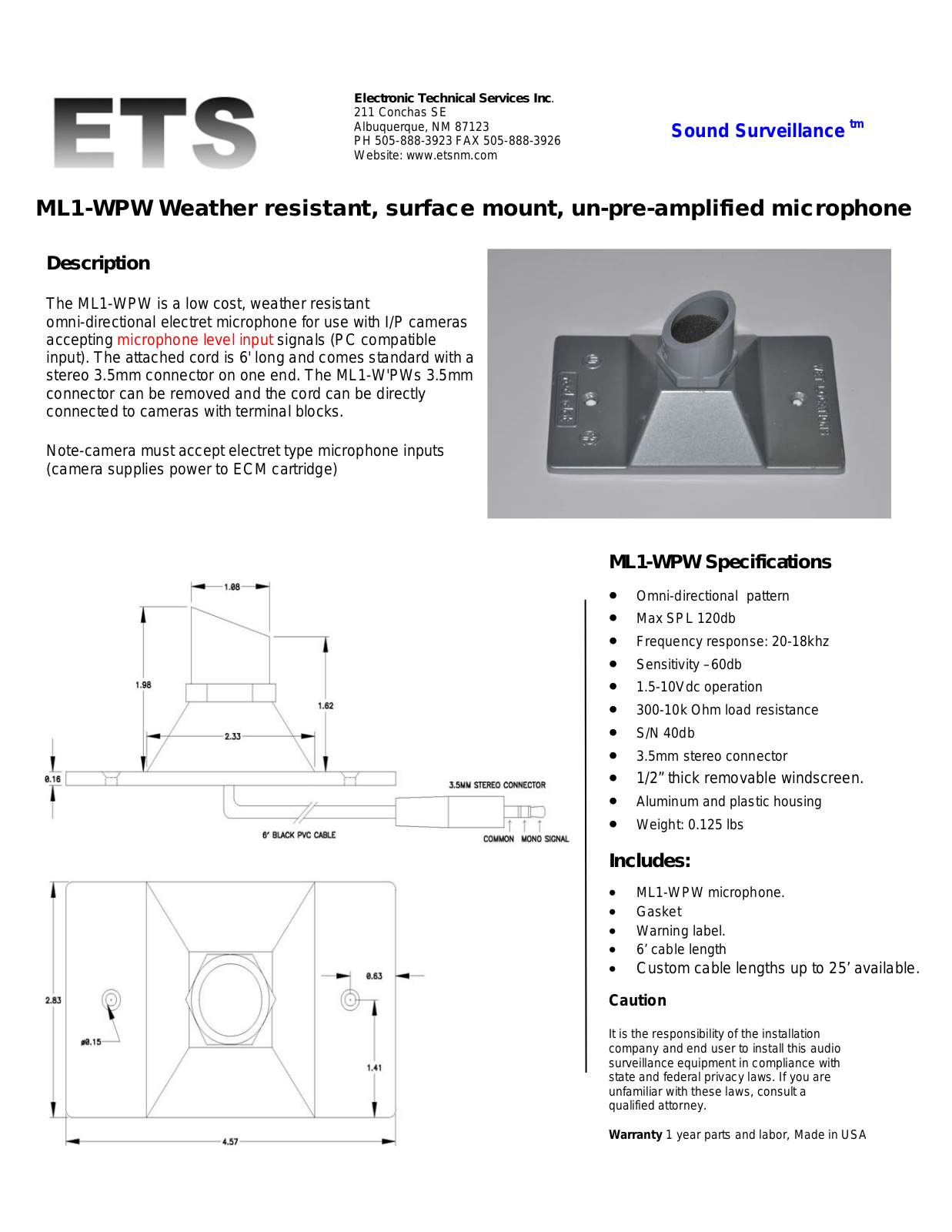 ETS ML1-WP Specsheet