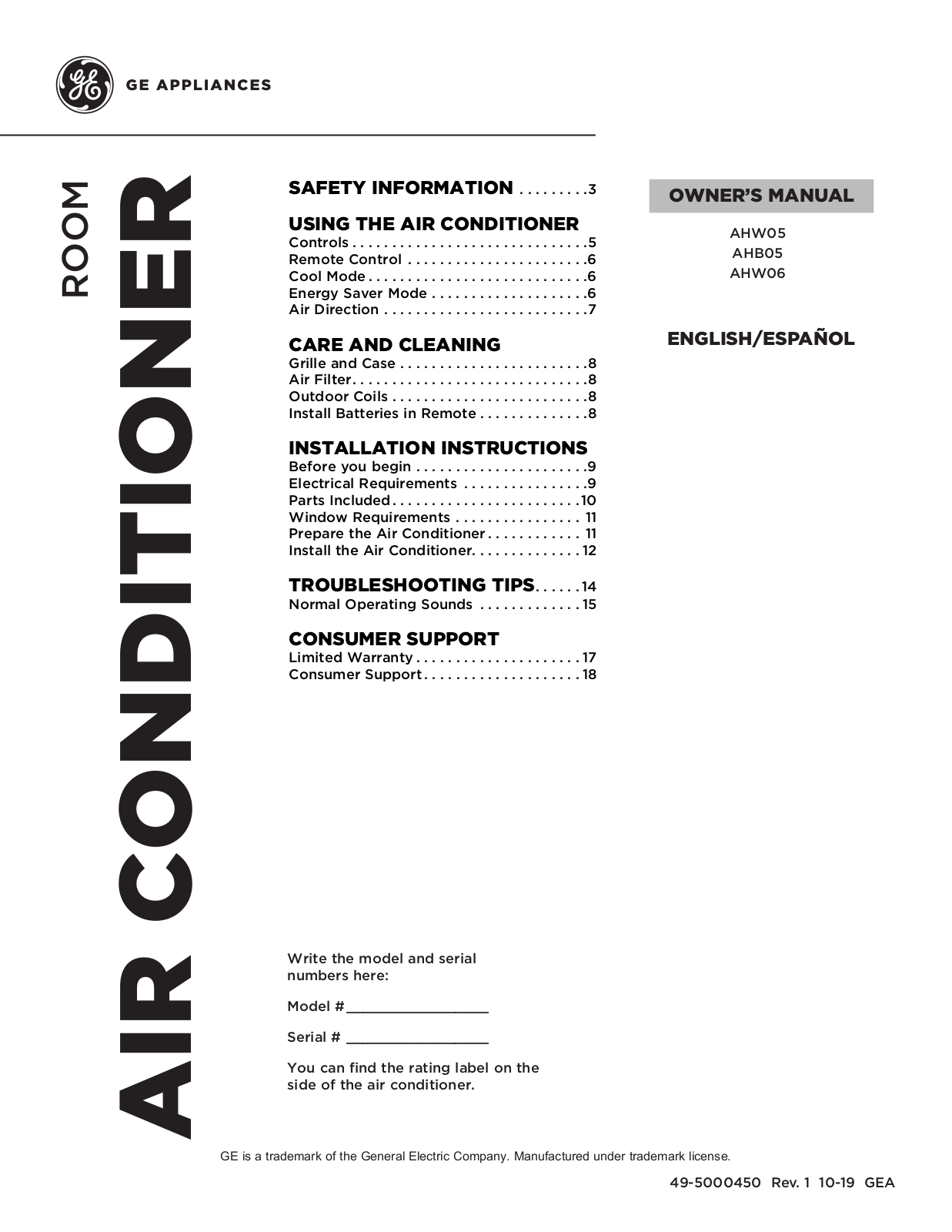 GE AHW05, AHB05, AHW06 Owner’s Manual & Installation Instructions