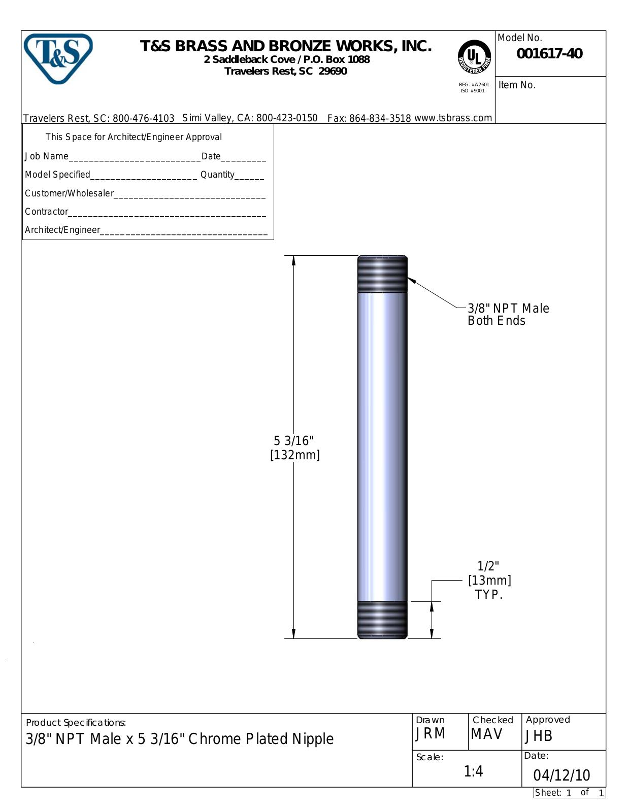 T&S Brass 001617-40 User Manual