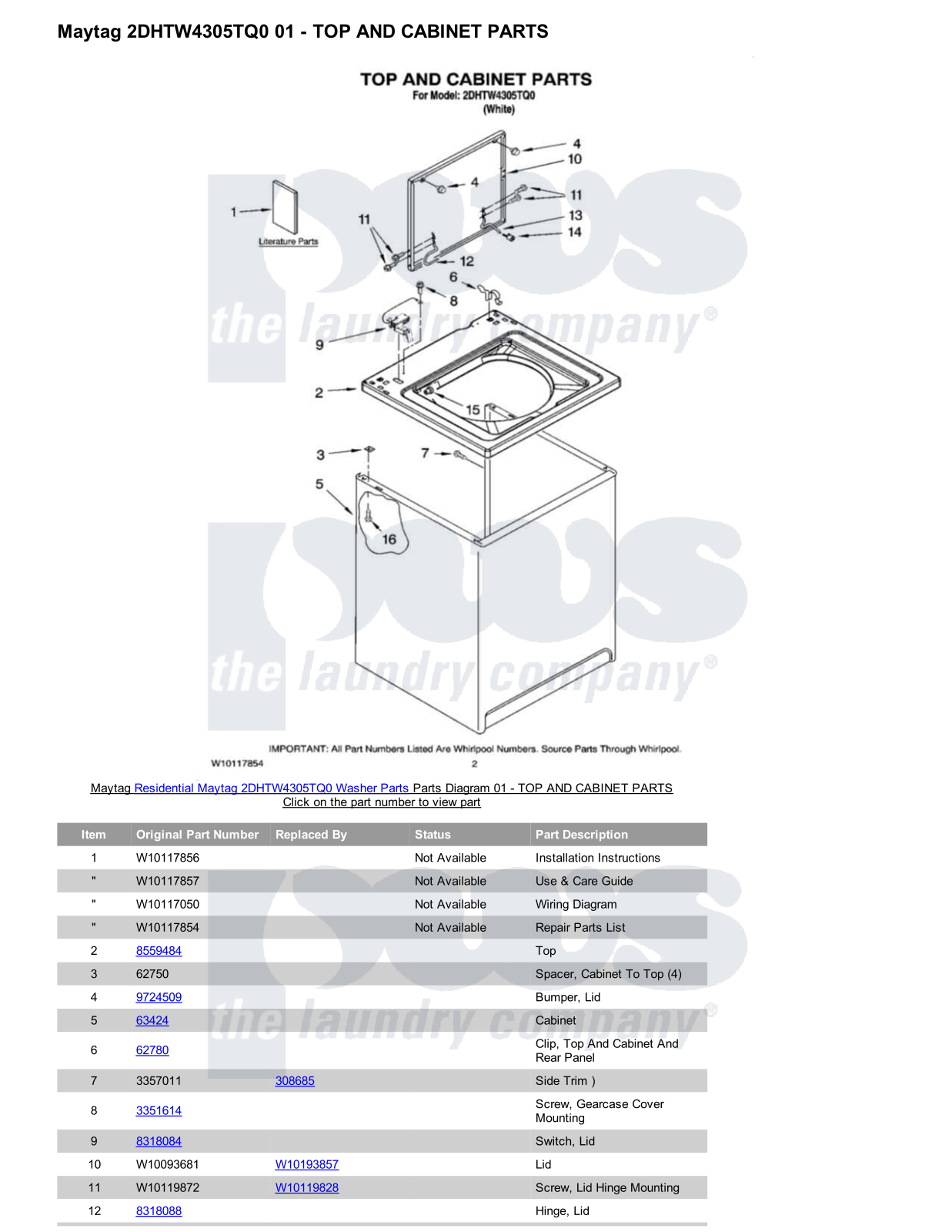 Maytag 2DHTW4305TQ0 Parts Diagram