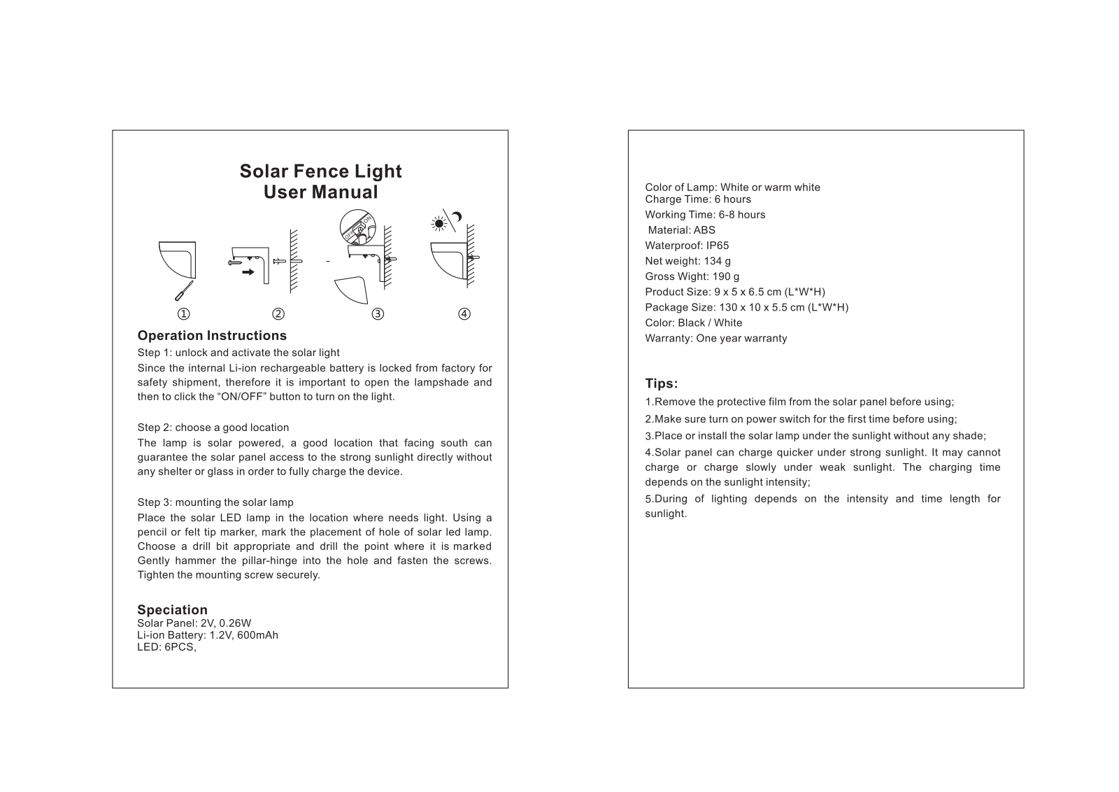 Solar Light Solar Fence Light User Manual