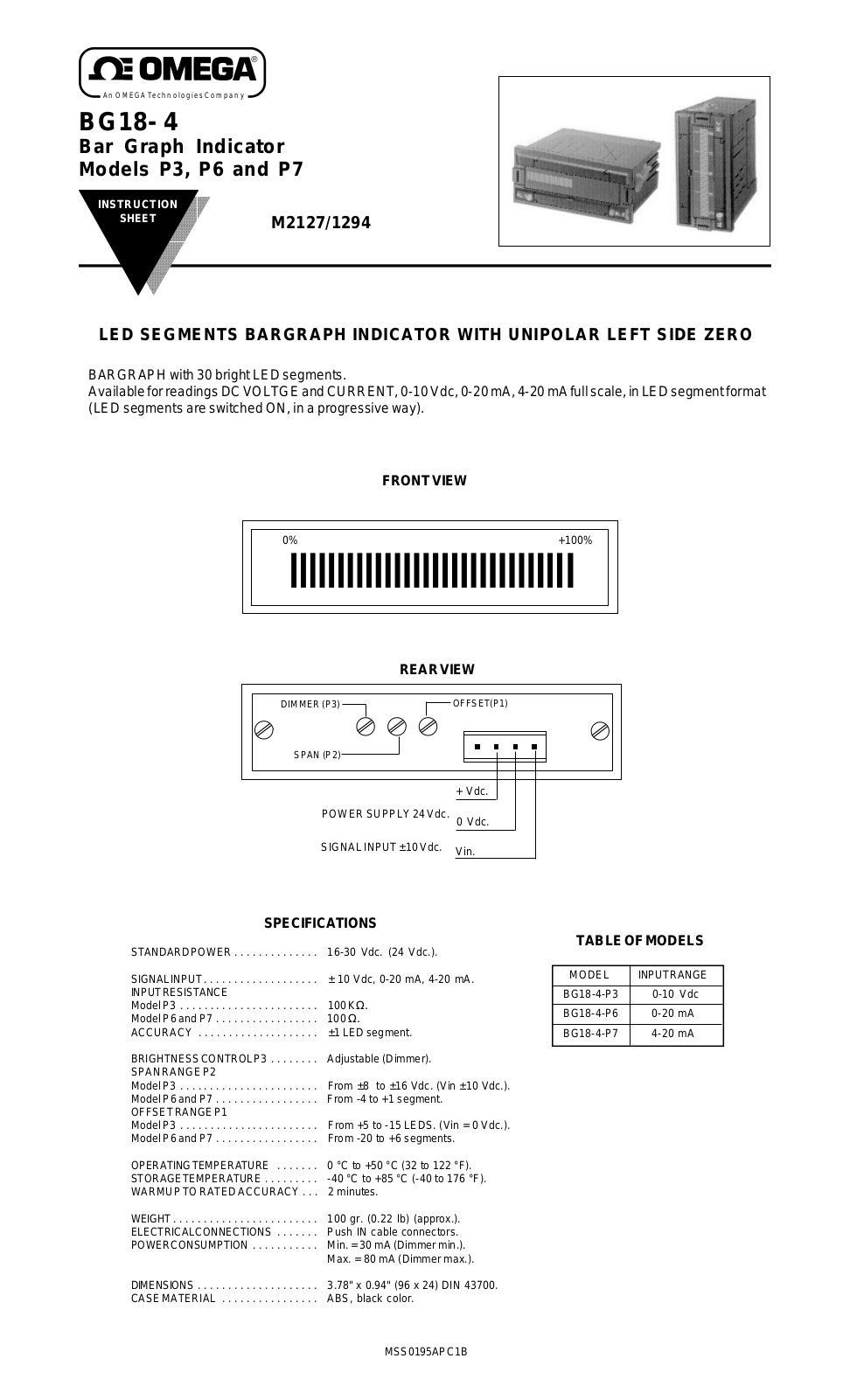 Omega Products BG18-4-P3 Installation  Manual